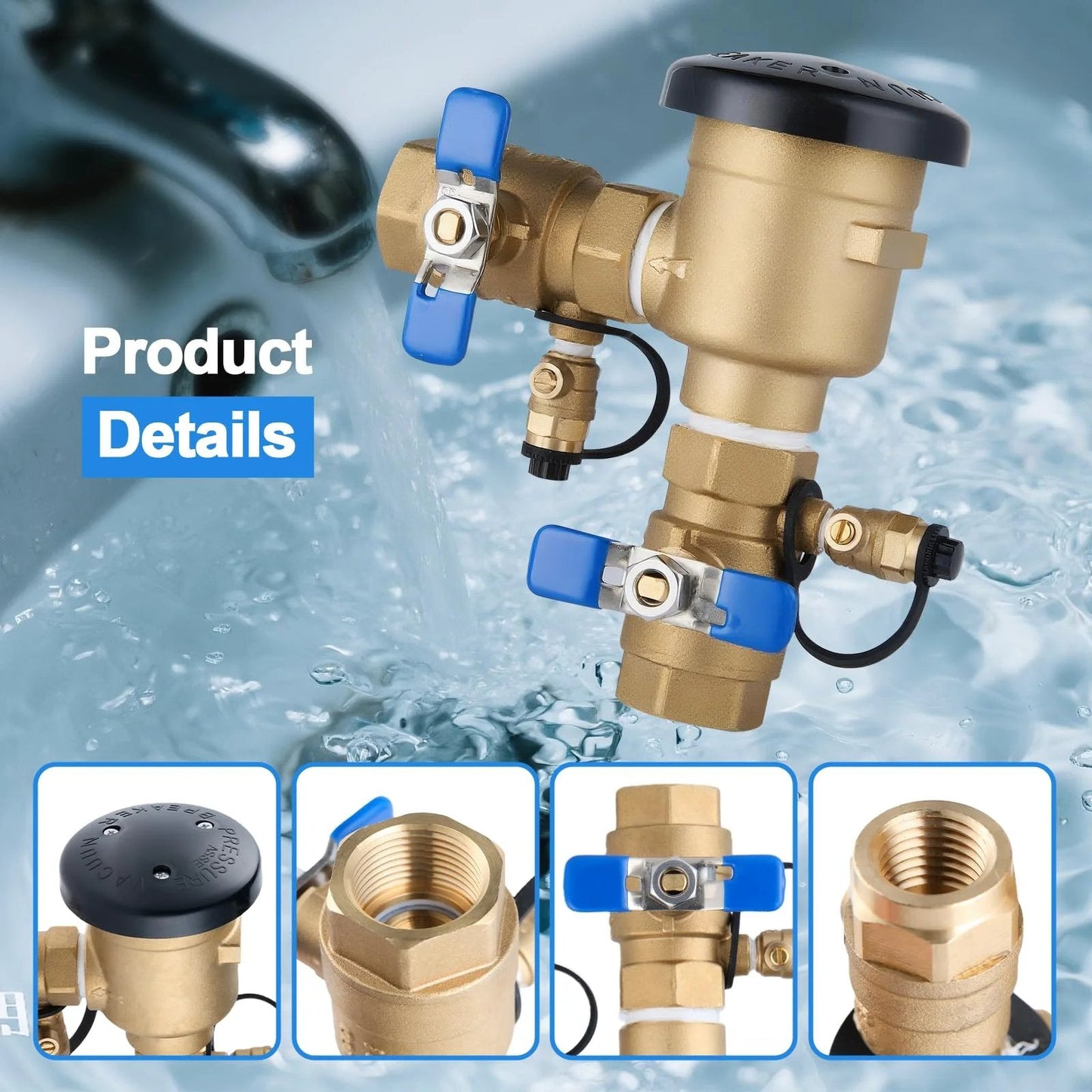 Heavy Duty Three Quarter Inch Brass Pressure Vacuum Breaker Assembly Backflow Preventer For Lawn Irrigation Systems Garden Sprinklers Outdoor Water Lines Anti Siphon Protection Up To 400 PSI, showing multiple angles and details.