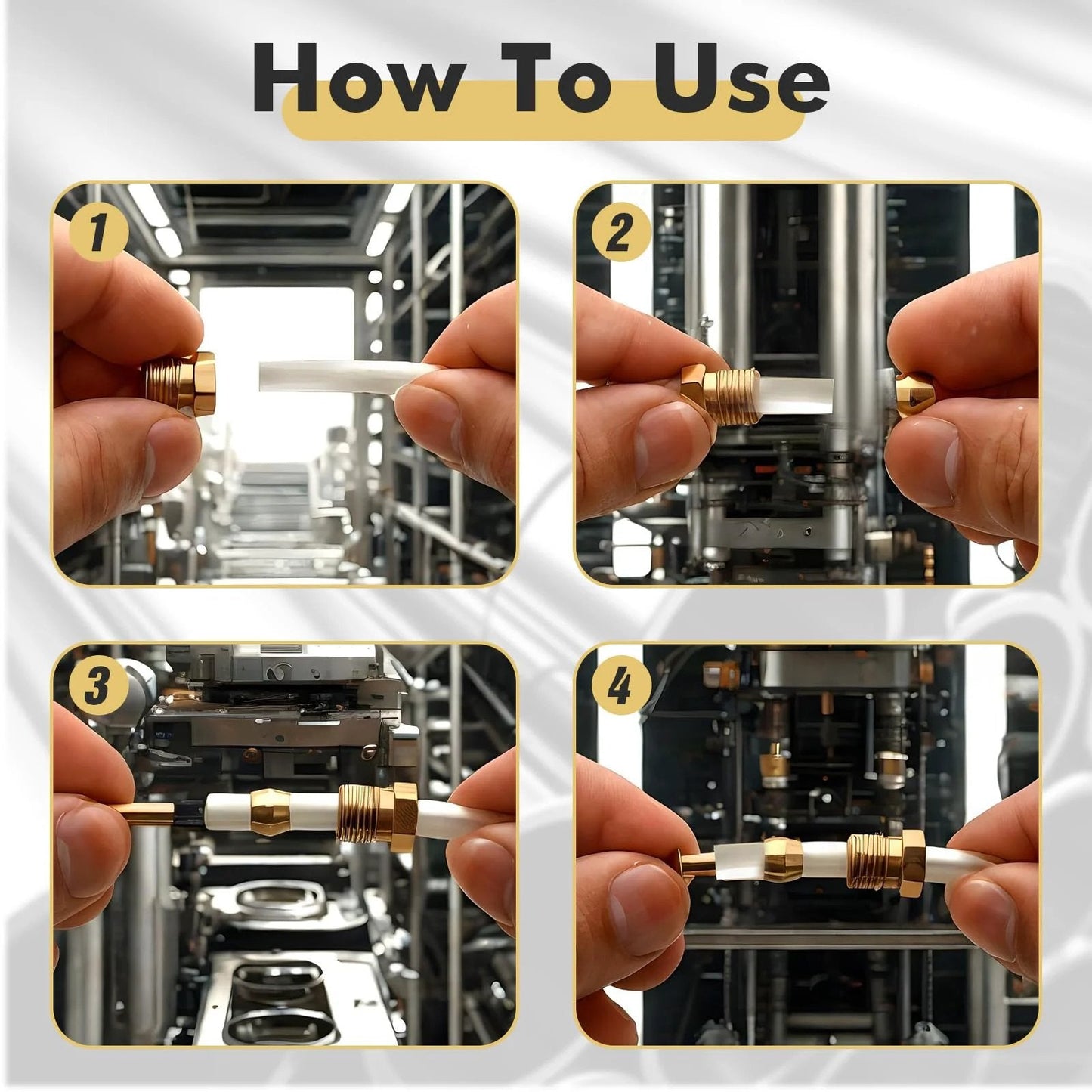 Gold Tone Brass Compression Fittings Set For Tubing One Quarter Inch ID And Four Millimeter OD With Brass Inserts And Sleeve Connectors For Reliable Hydraulic And Pneumatic Connections 50 Piece Pack installation steps.