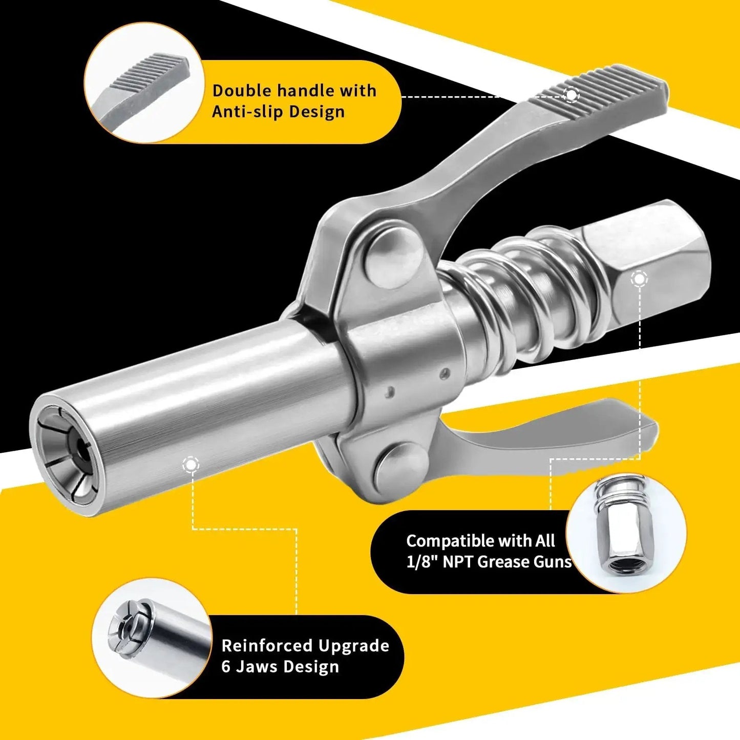 Grease Gun Coupler With Double Handle Quick Lock Release, Six Jaw Design For A Beefy No Slip Seal, Ten Thousand PSI Rated, Zinc Coated