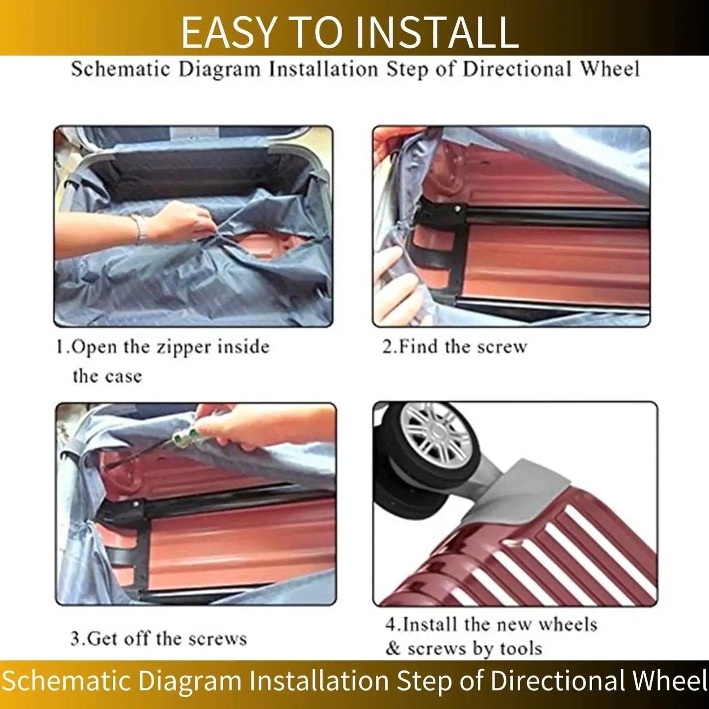 Installation guide for 360 Degree Swivel PVC Suitcase Wheels Replacement Pair With Double Roller Bearings, showing steps to replace wheels.