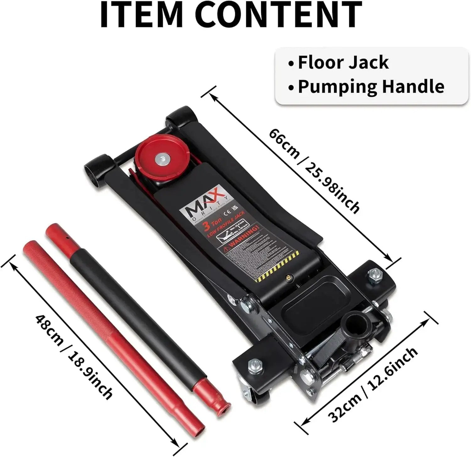 Top view of Low Profile 3 Ton Hydraulic Floor Jack With Dual Pistons And Quick Lift, showing dimensions and pumping handle.