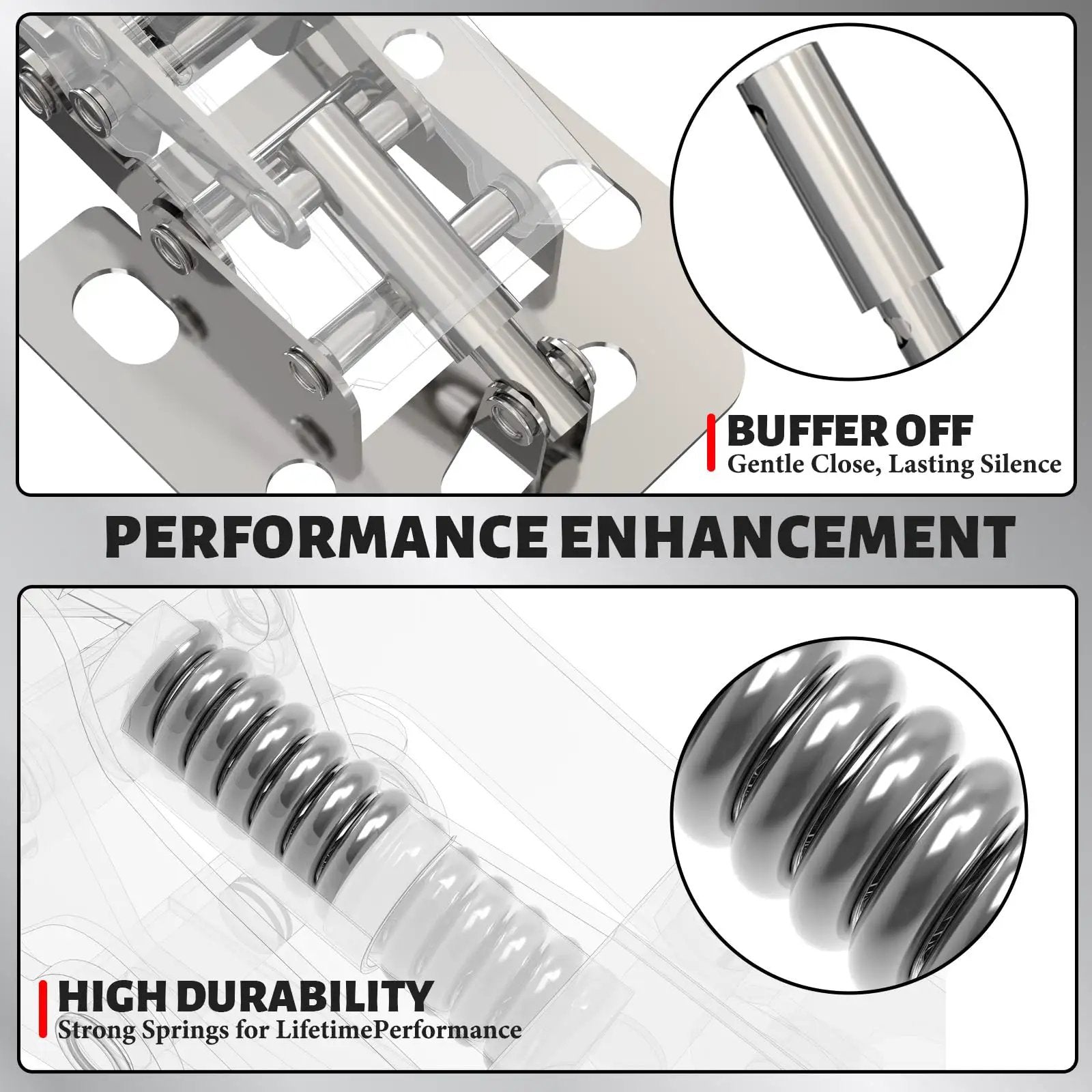 Close-up of 24 Pack Hidden Hinges Soft Close Surface Mount Concealed Cabinet Hinges showing buffer and spring for durability.