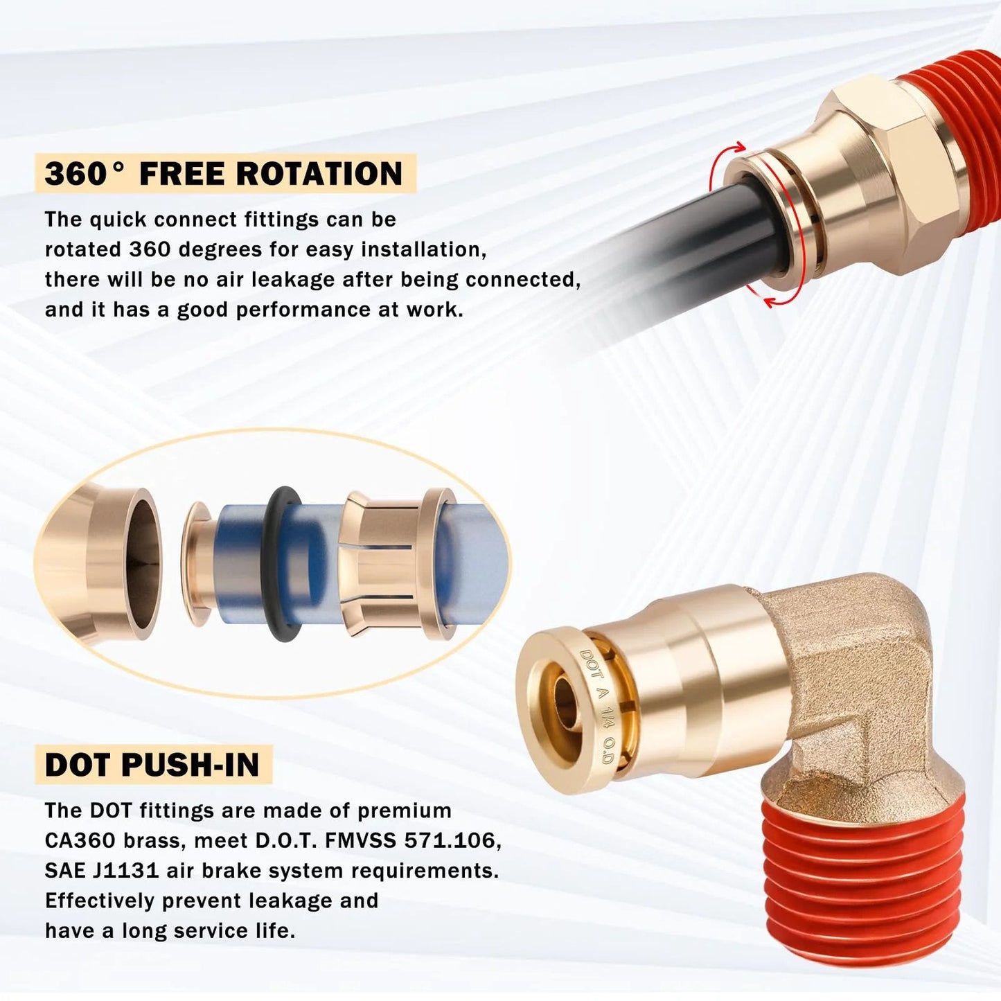 Brass DOT Air Line Fittings Kit With 100 Feet Of One Quarter Inch And 50 Feet Of Three Eighths Inch Blue DOT Tubing Push Lock Quick Connect Pneumatic Set Including Brass Tee And Straight Fittings Elbows Schrader Valves And Tube Cutters, showcasing 360-degree free rotation feature and DOT push-in details.