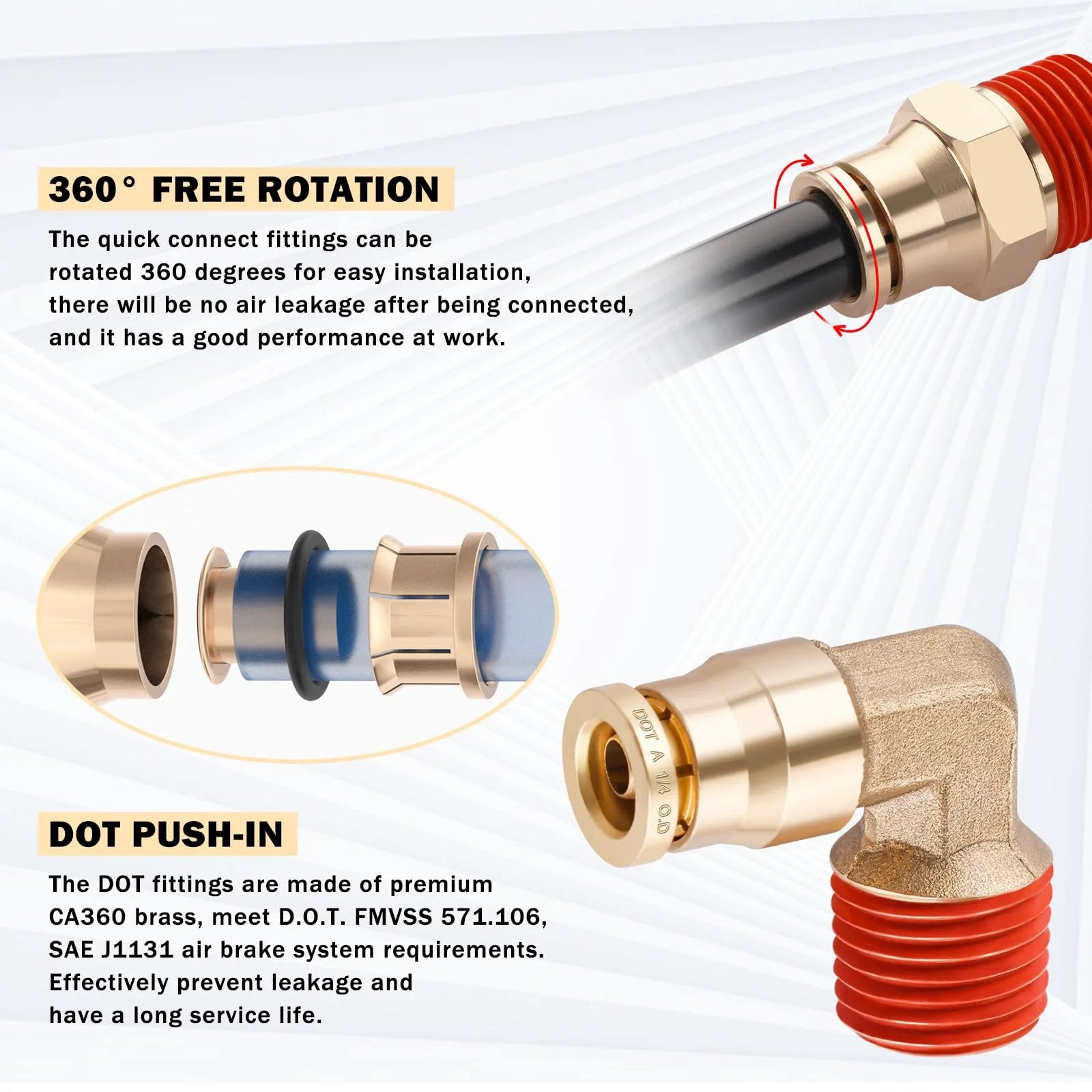 Brass DOT Air Line Fittings Kit With 100 Feet Of One Quarter Inch And 50 Feet Of Three Eighths Inch Blue DOT Tubing Push Lock Quick Connect Pneumatic Set Including Brass Tee And Straight Fittings Elbows Schrader Valves And Tube Cutters, showcasing 360-degree free rotation feature and DOT push-in details.