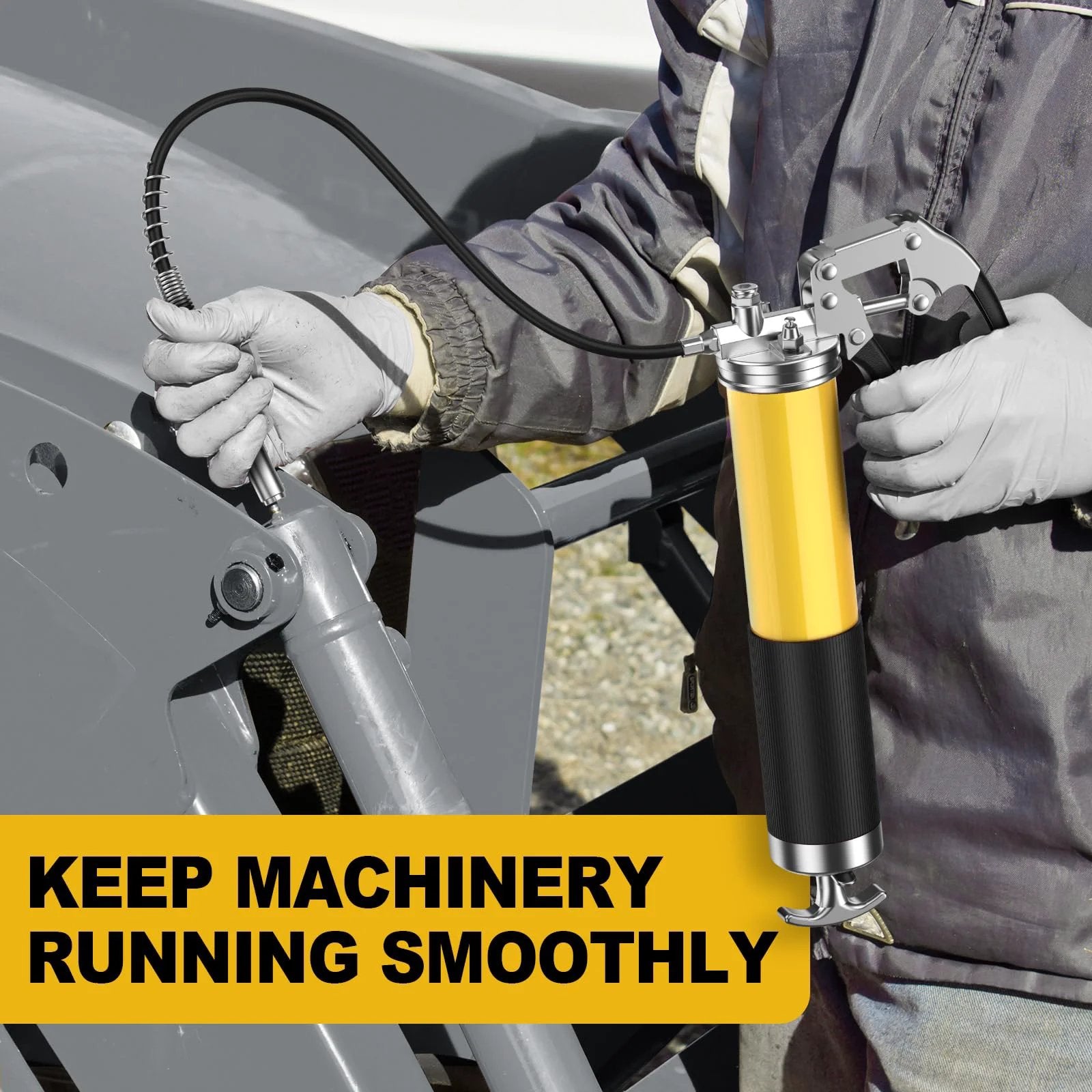 Person using 8000 PSI Grease Gun Kit With Leak Proof Pistol Grip And Lock Coupler on machinery, yellow and black design