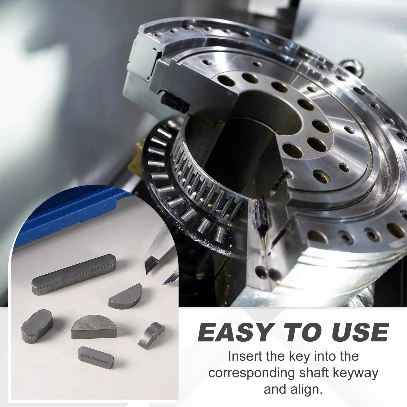Round Ended Feather Keys Set, 20 Pcs, 50x8x7mm Stainless Steel Drive Shaft Keys shown with mechanical installation.
