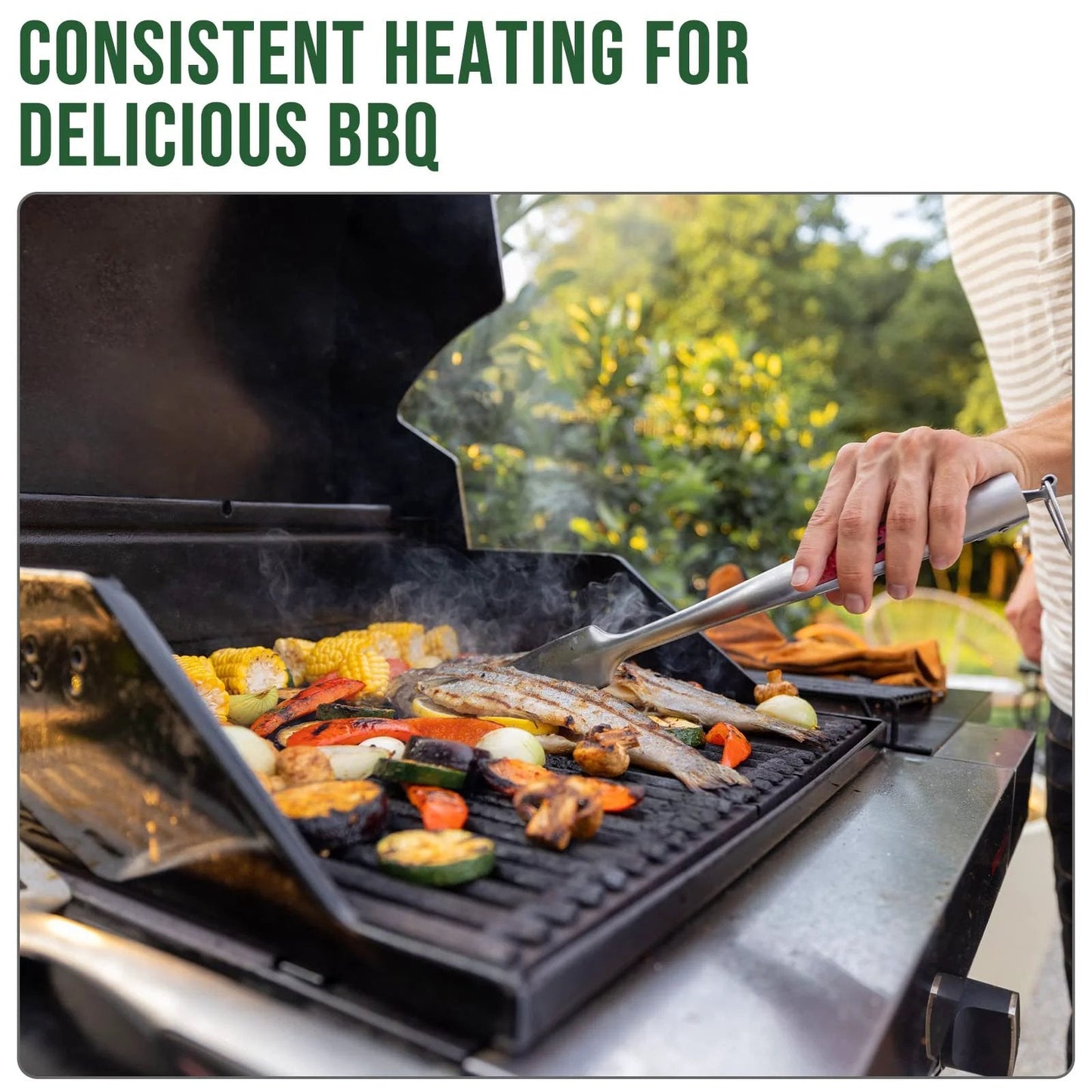 Outdoor grill with vegetables and meats being cooked, emphasizing consistent heating for BBQ.
