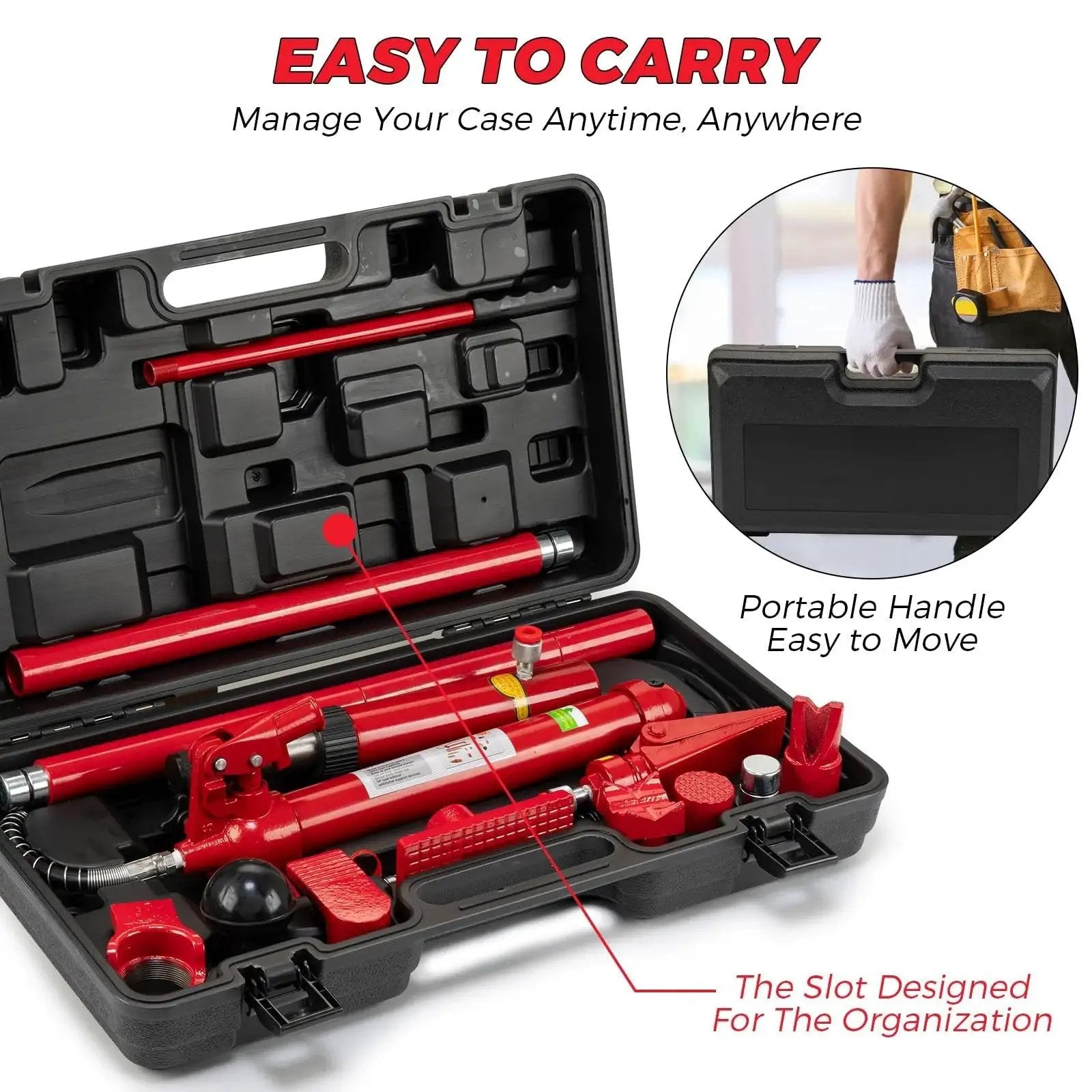 12 Ton Hydraulic Jack Kit With 55 Inch Hose For Heavy Duty Vehicle Frame Repair inside black carrying case