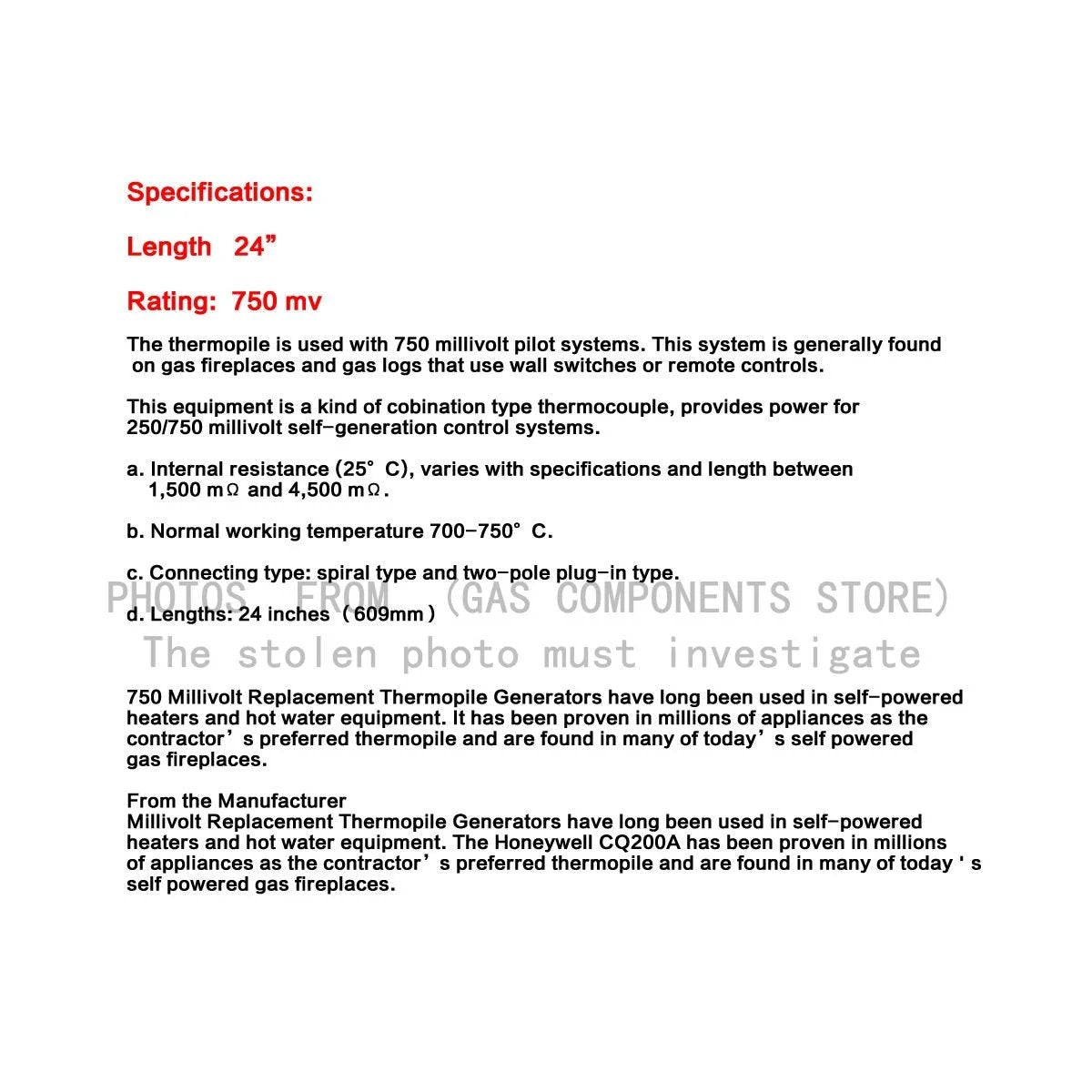 Specifications sheet for 24 Inch Millivolt Replacement Thermopile for gas appliances showing length and rating details.