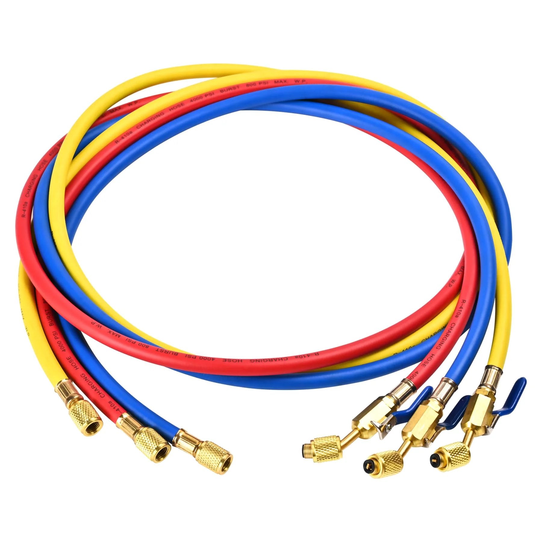Upgraded 29986 Plus II One Quarter Inch HVAC Refrigerant Hose With Compact Ball Valve 800 PSI Working Pressure, Three Color Pack