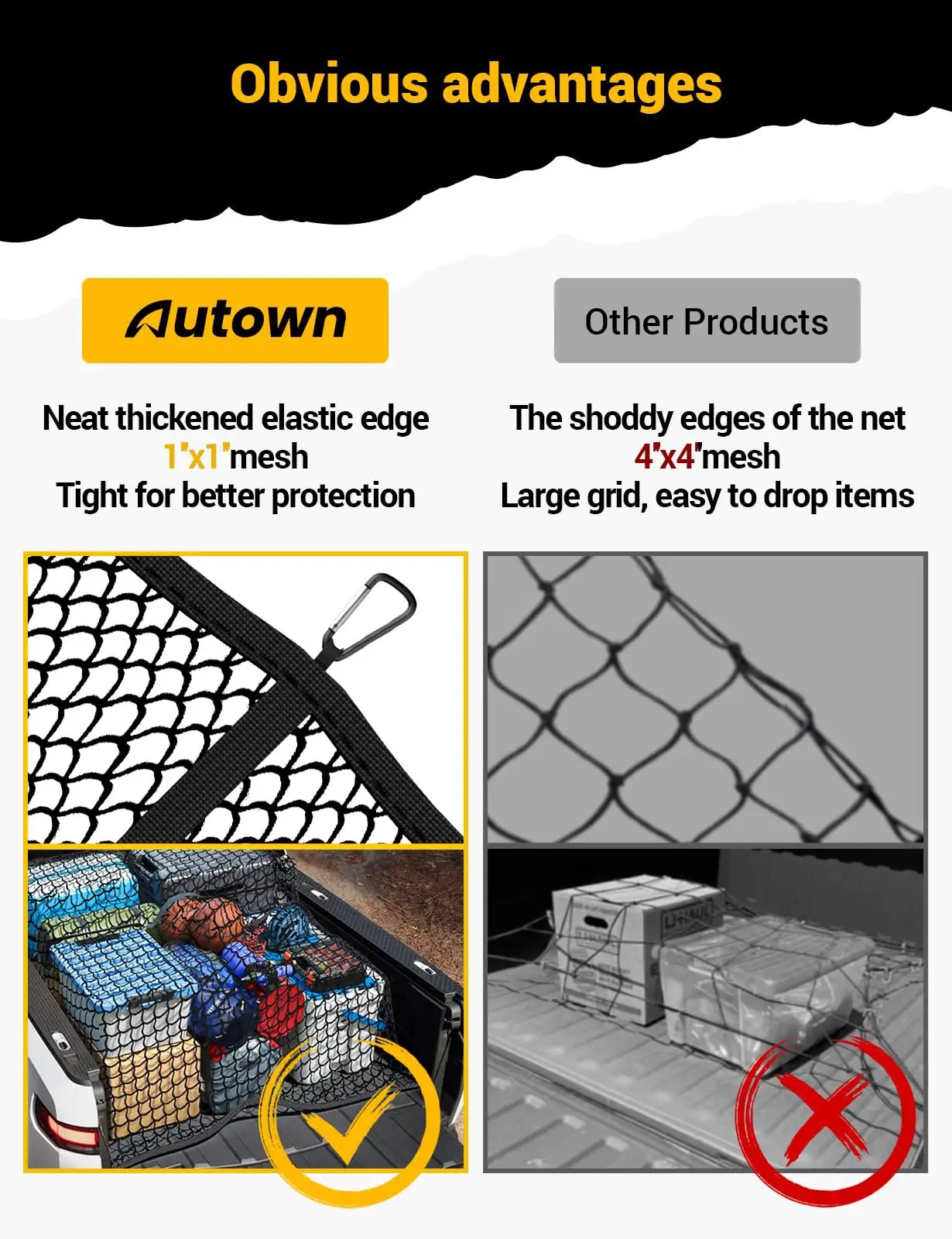 Stretchable Cargo Net for Pickup Truck Bed 4x4 to 7x7 With 1x1 Fine Mesh And 8 Carabiners Heavy Duty Elastic Design showing comparison of net edges and item security.