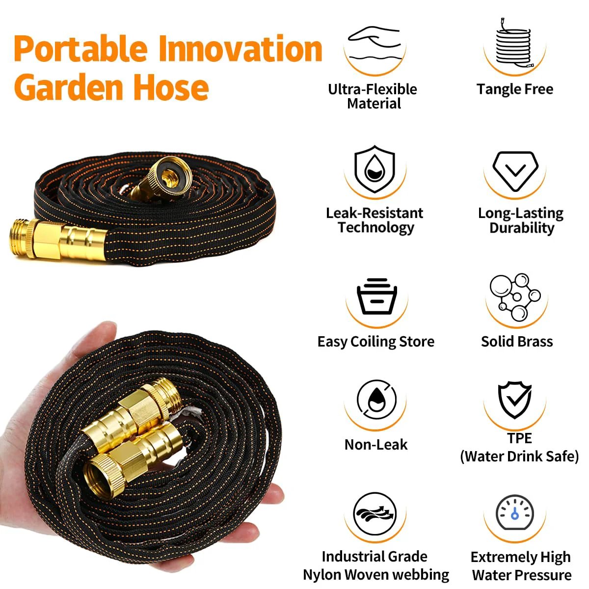 25ft Lightweight Flexible Garden Hose Non Kink With Solid Brass Fittings coiled, showing TPE material and solid brass fittings.