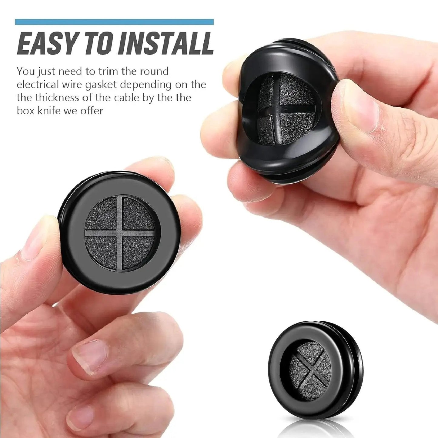 Round Rubber Grommet Kit 52 Pieces In 7 Sizes Black Double Sided Firewall Gasket shown in hand with cross-section detail