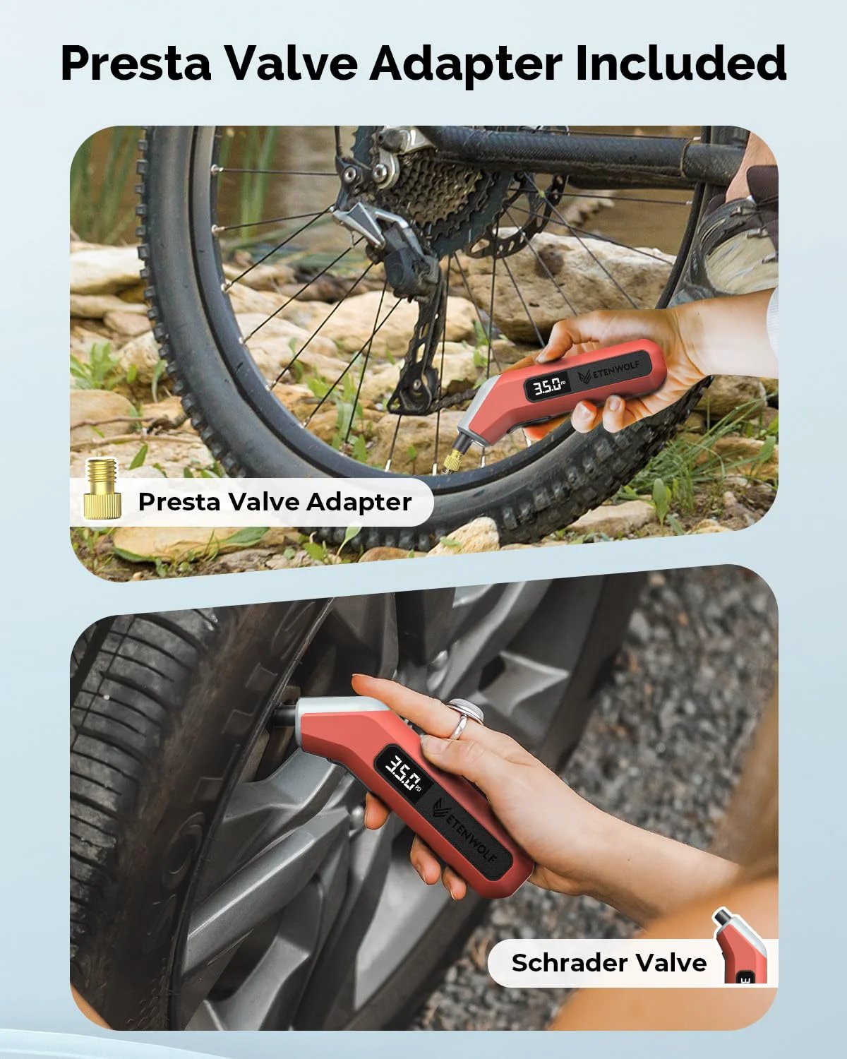 Digital Tire Gauge With Bright LED Display 200 PSI By ETENWOLF T300 Plus Vivid Orange Includes Presta Valve Adaptor In Use