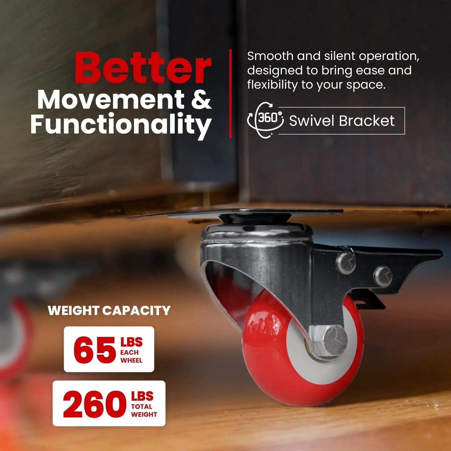 Close-up of 12 Pack 2 Inch Swivel Plate Caster Wheels With Brakes Red Polyurethane Casters For Furniture Tools And Equipment attached to furniture.