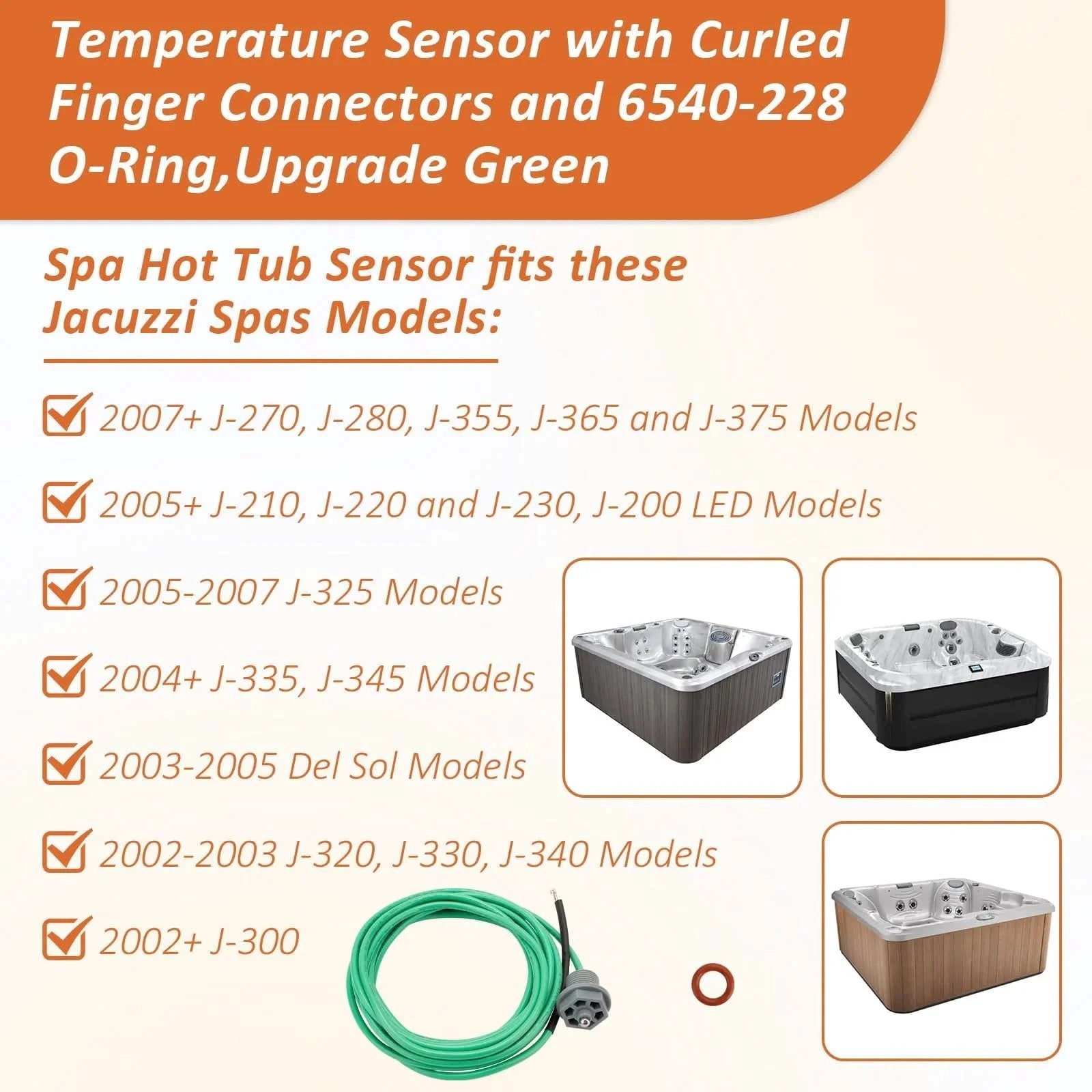 Upgrade 6600-166 Temperature Sensor For Sundance Spas And Jacuzzi Hot Tubs J300 To J365 And More Series with curled finger connectors and O-ring.