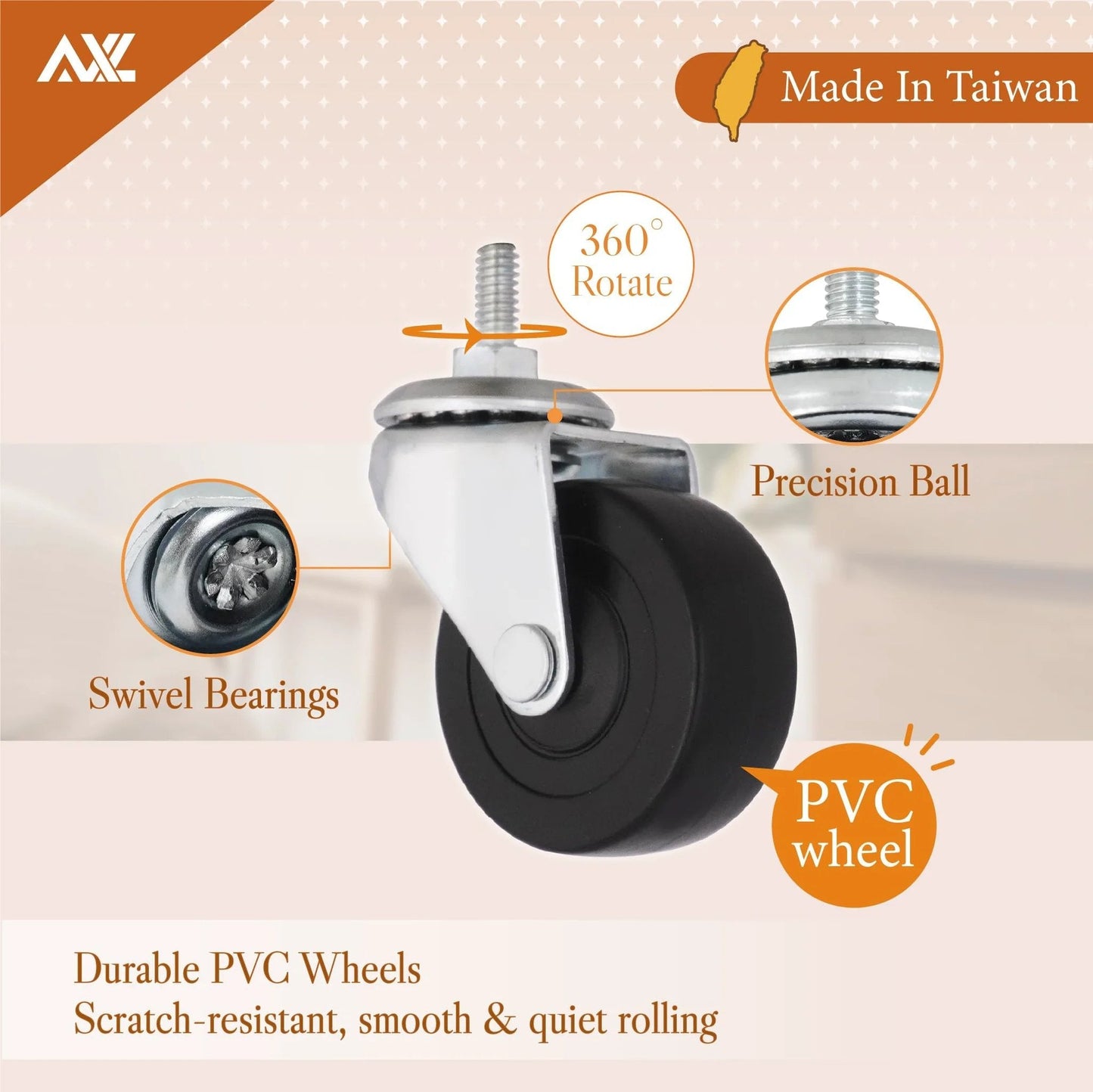 2 Inch Caster Wheels with 1/4 Inch Threaded Stem Swivel Casters and Brakes shown with PVC wheel, precision ball, swivel bearings
