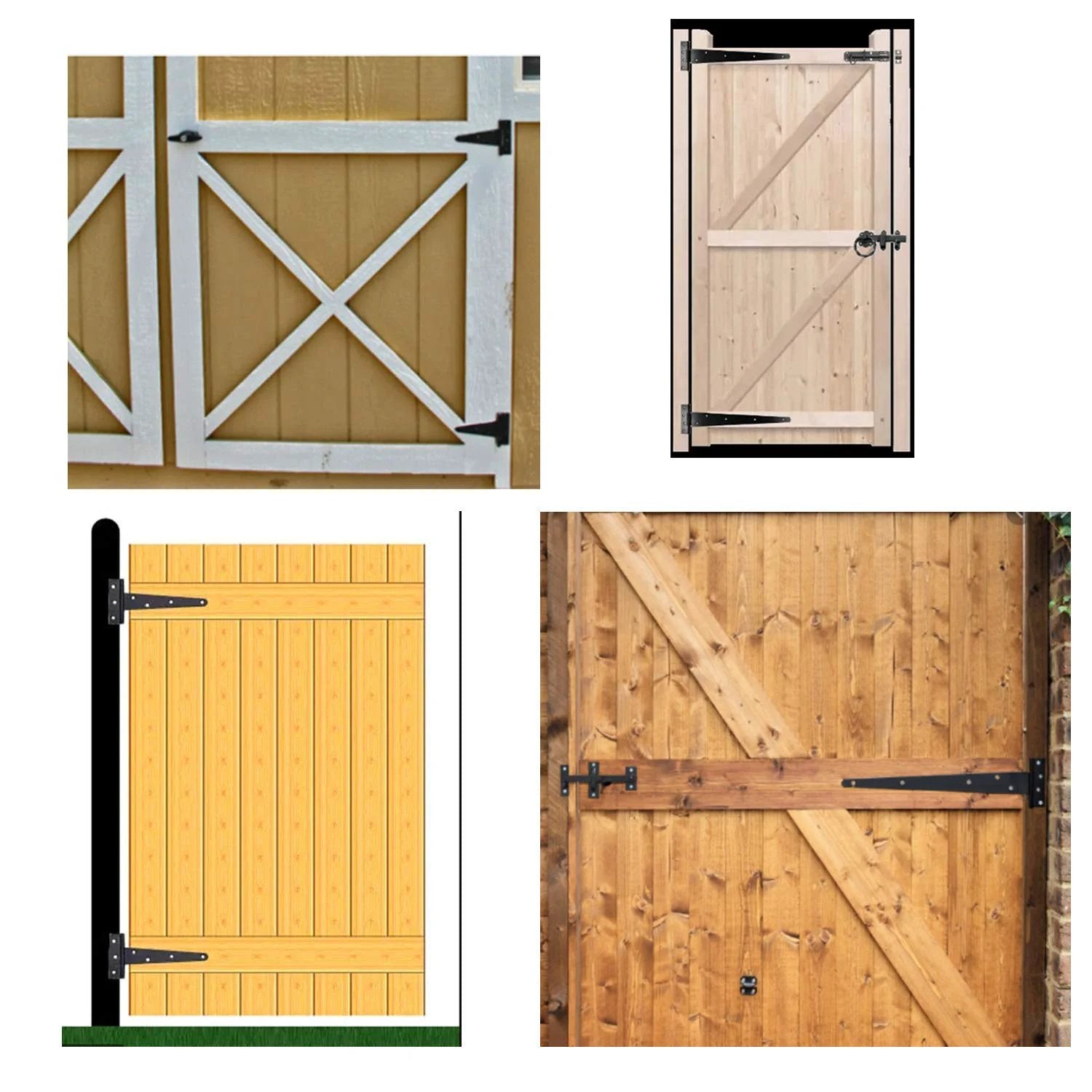 Heavy Duty Tee Hinge Set 4 Inch 4 Pc Rustproof Wrought Iron Black Finish installed on wooden gates and doors