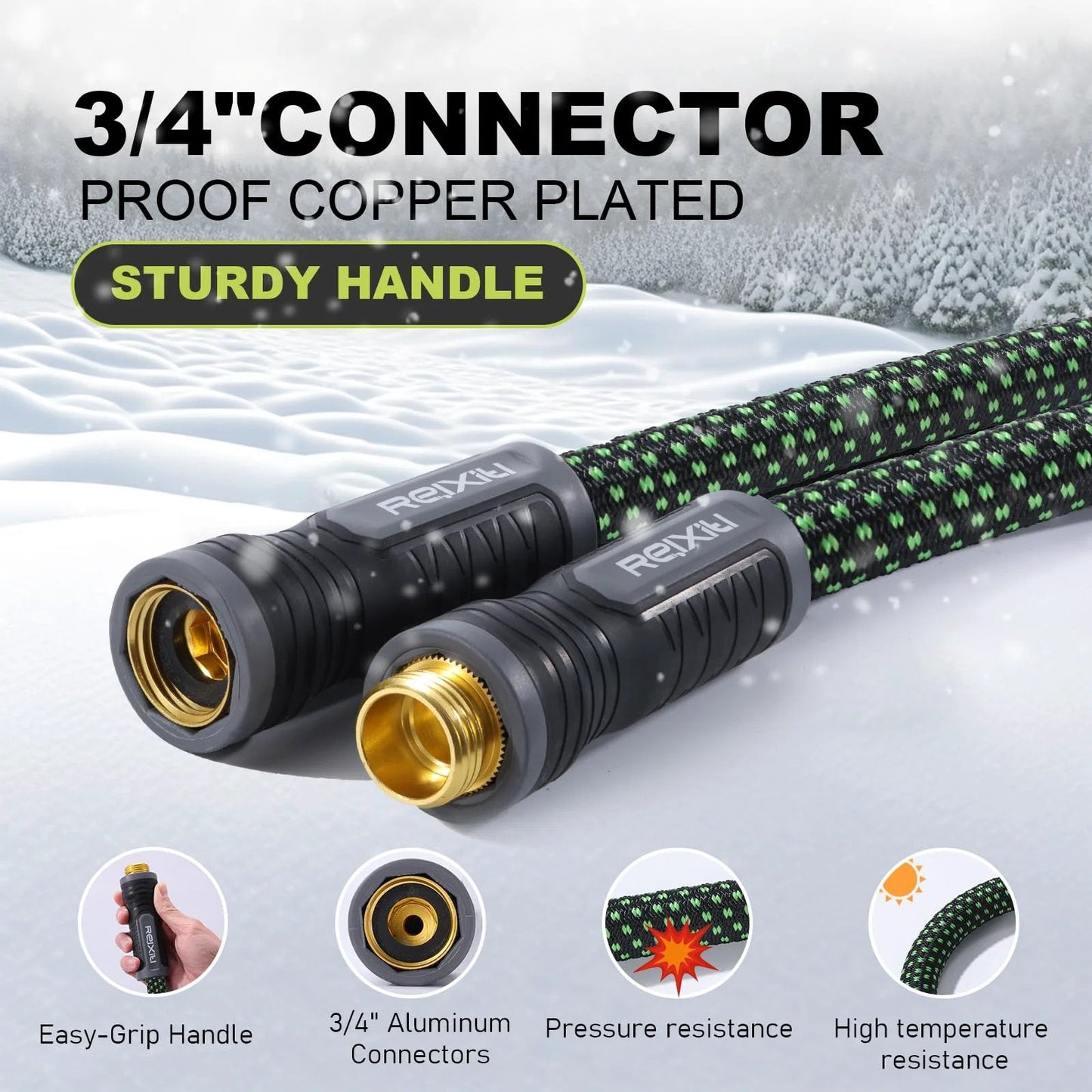 Flexible Garden Hose For Yard And Lawn With 10 Function Sprayer No Fuss Ultra Lightweight Non Expanding Design Leak Proof And Pressure Resistant Triple Layer Construction For Durability Kink Free And Burst Proof 100 Feet Green with 3/4 inch connectors and easy-grip handle in snow background.