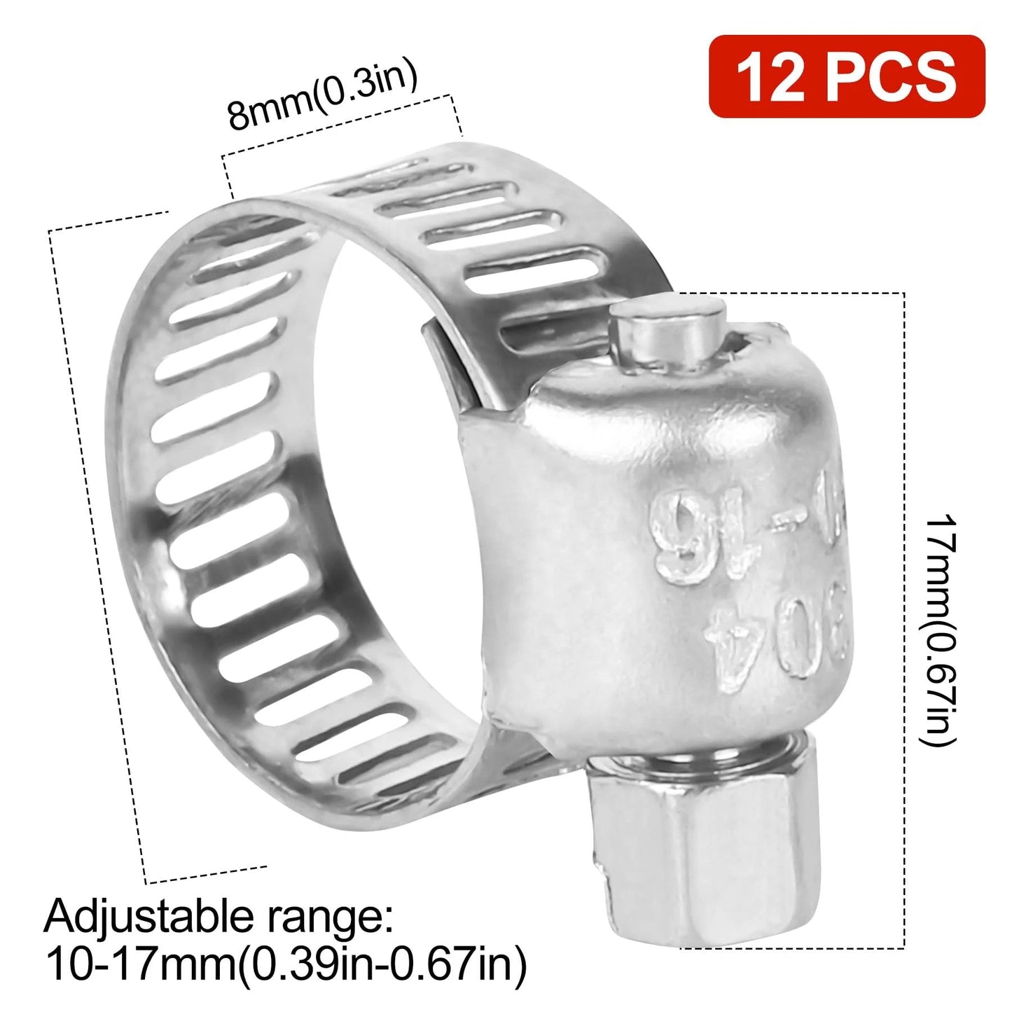 Stainless steel clamp for Three Eighths Inch ID Fuel Line Hose 10 Ft NBR Rubber Heavy Duty High Pressure 300 PSI, showing dimensions.