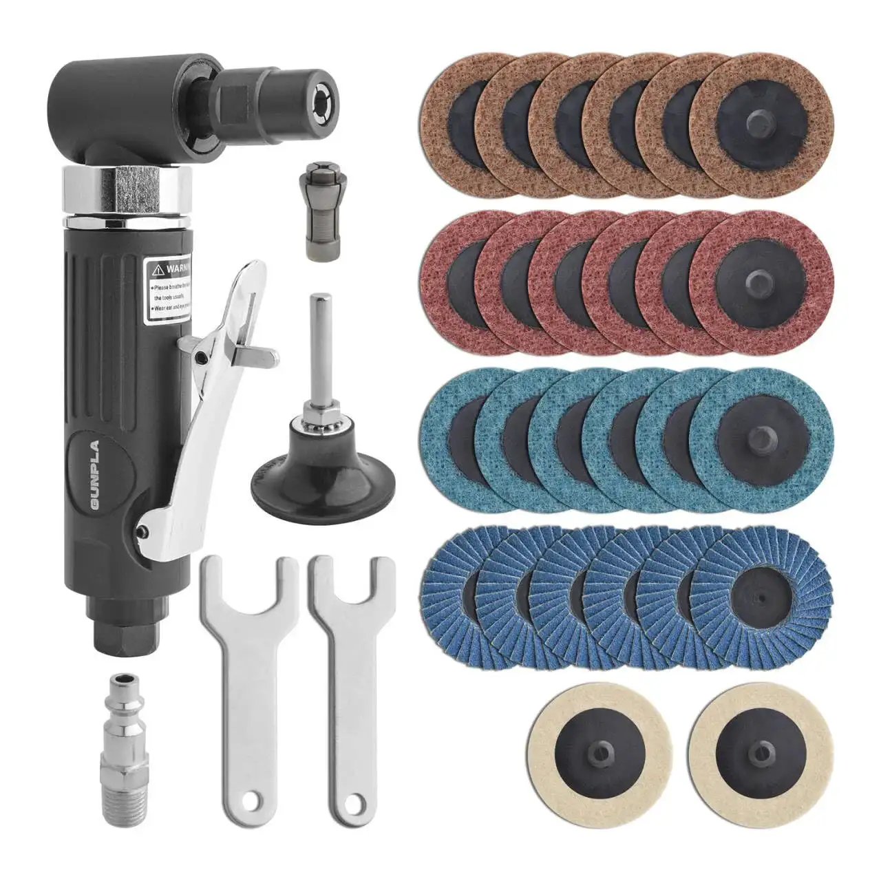 One Quarter Inch Angle Air Die Grinder With 90 Degree Head And 20000 RPM Beefy Heavy Duty Tool Kit Including 26 Two Inch Roll Lock Sanding Discs