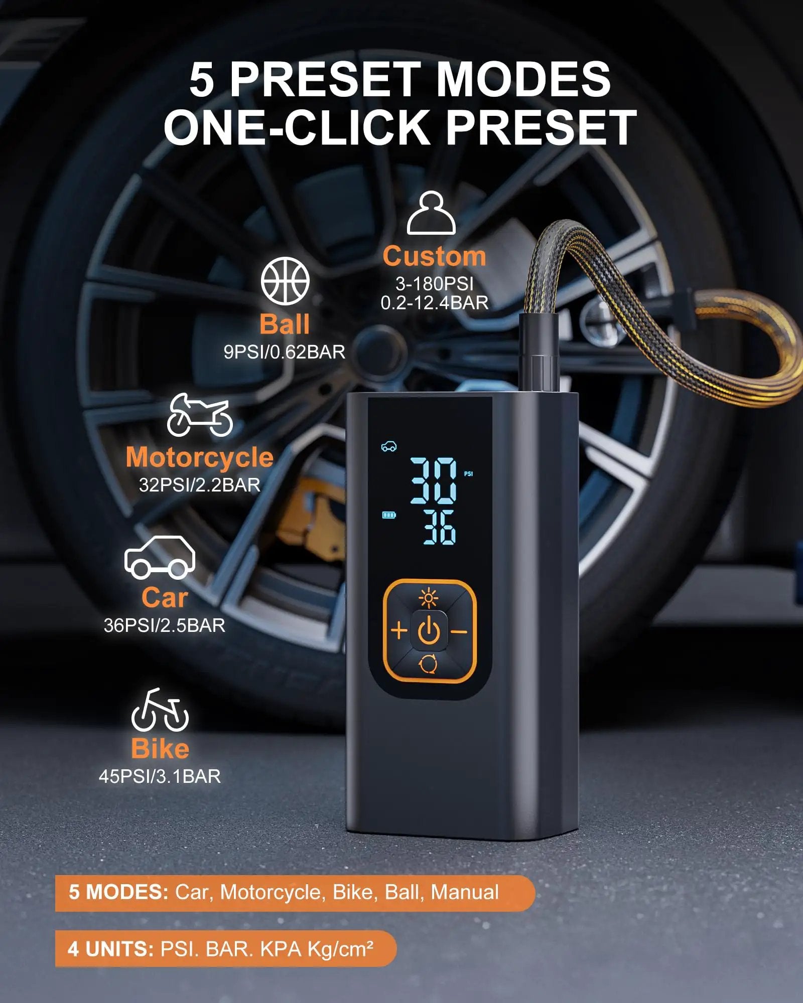 Tire Inflator Portable Air Compressor That Delivers 6X Faster Inflation to 180 PSI Electric Car Tire Pump With Pressure Gauge for Car Tires Obsidian Black with digital display and preset modes.
