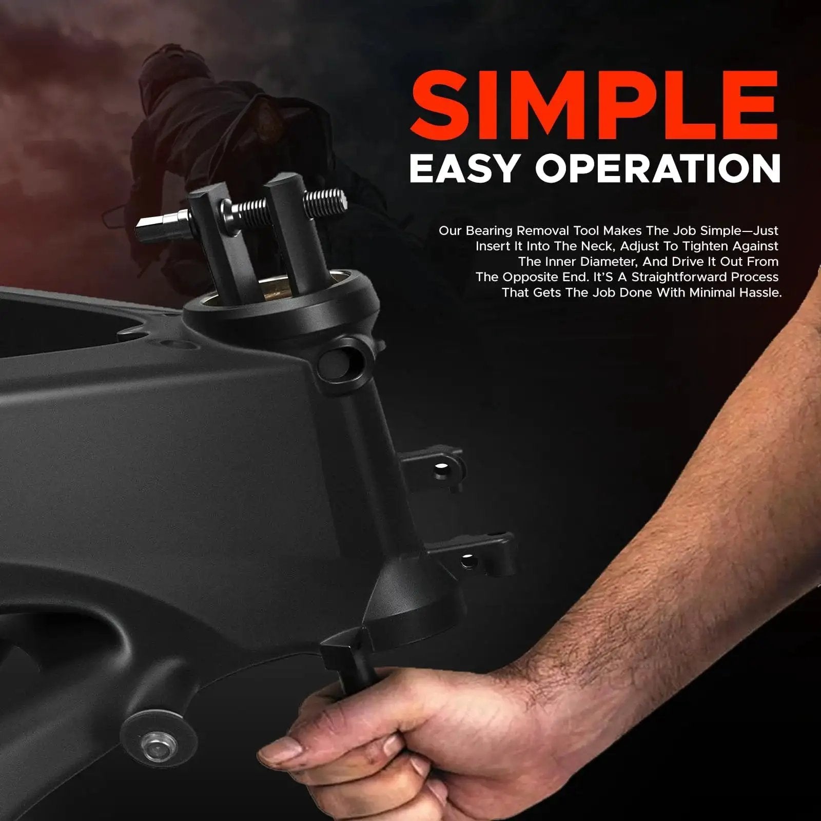 Hand using Universal Motorcycle Steering Stem Bearing Race Removal Tool For 1-1/8 To 2-5/8 Inch ID Races on steering neck