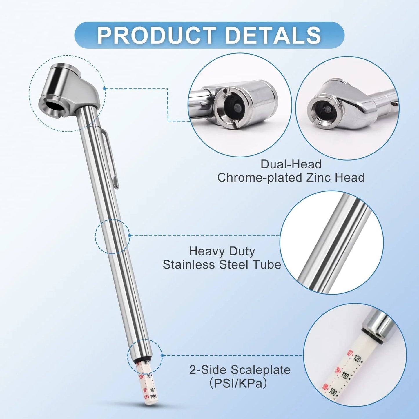 Two Pack Pencil Tire Pressure Gauge With Dual Head Metal Chuck 10 To 120 PSI Range Heavy Duty Tire Valve Gauge details