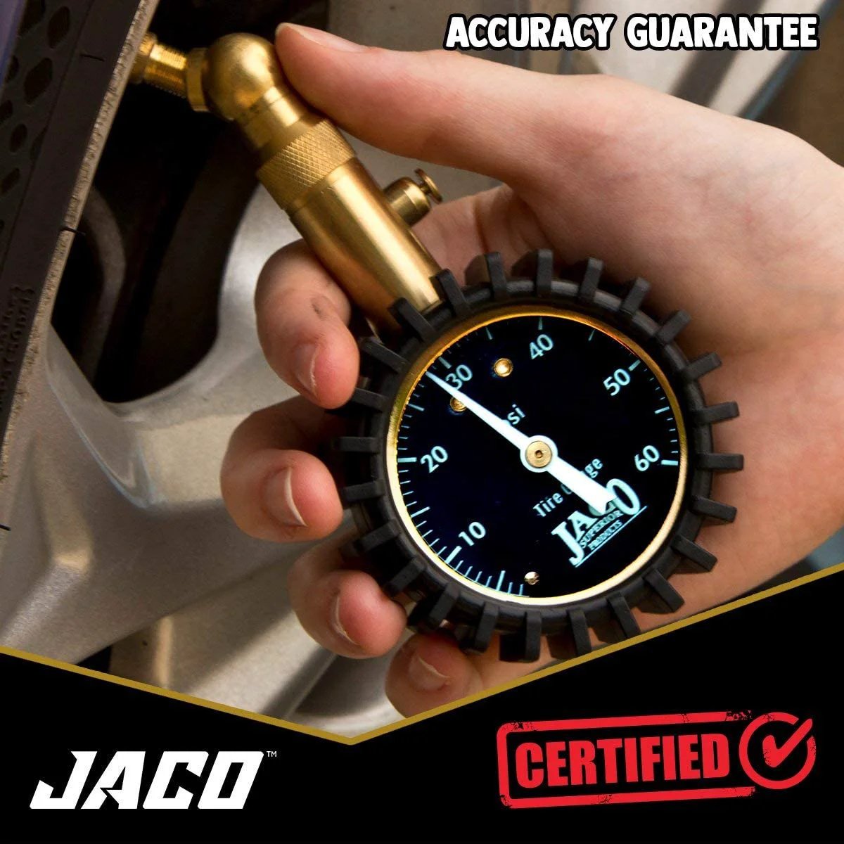 Hand holding Go To Tire Pressure Gauge For Cars And Trucks JACO 60 Psi Durable Brass Shielding Mechanic Tested No Batteries ANSI Certified