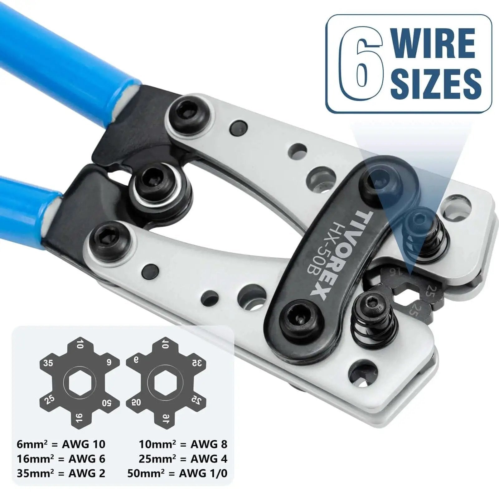 No Fuss Battery Lug Crimping Tool For AWG 10 To 1 0 Wire With Built In Cable Cutter Plus 64 Ring Terminals And 70 Heat Shrink Tubes Kit By Tivorex, close-up of crimping jaws with text showing six wire sizes.