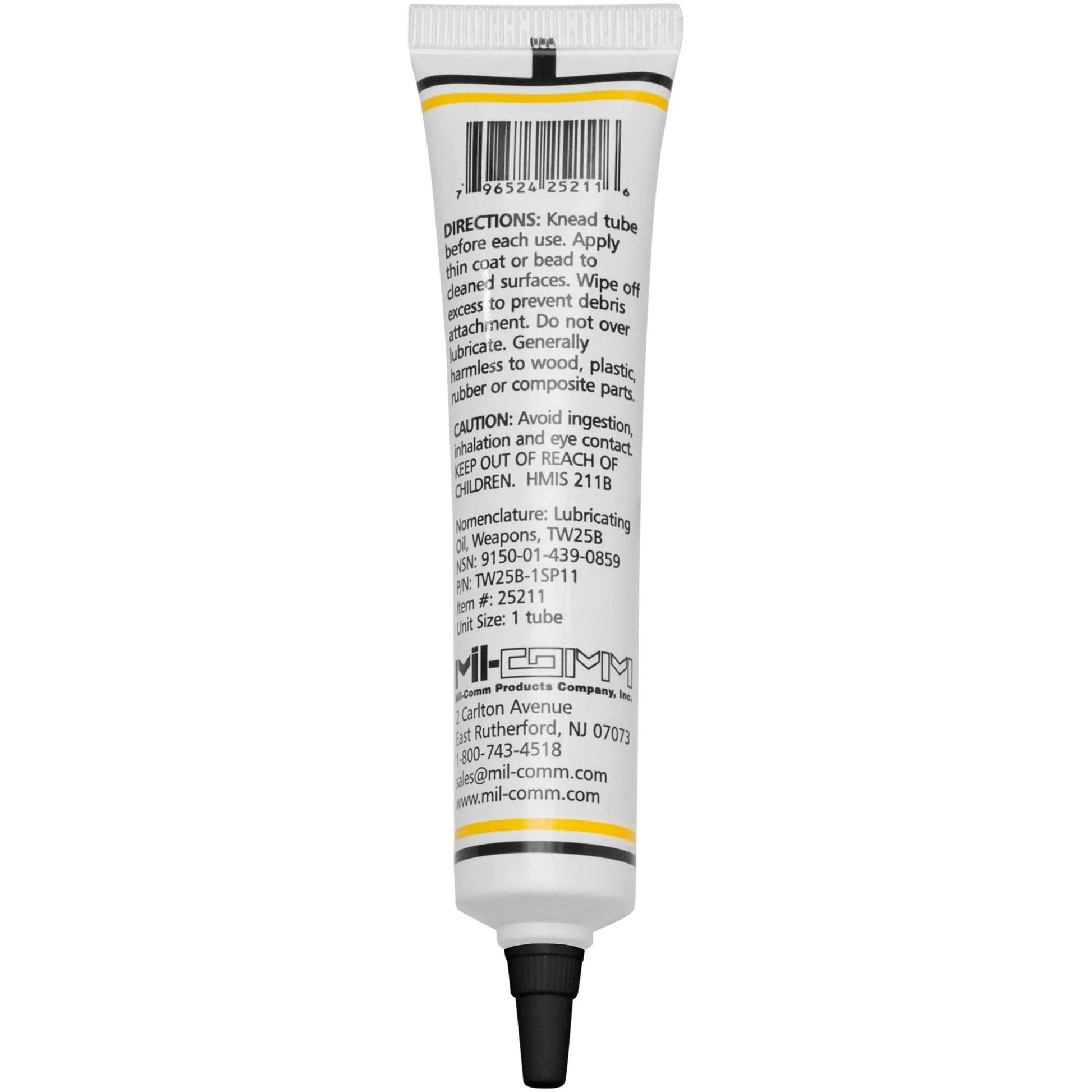 Back view of Military Grade Gun Grease TW25B Lubricant For Firearms 1.5 Ounce Tube Made In USA MIL-COMM, showing instructions