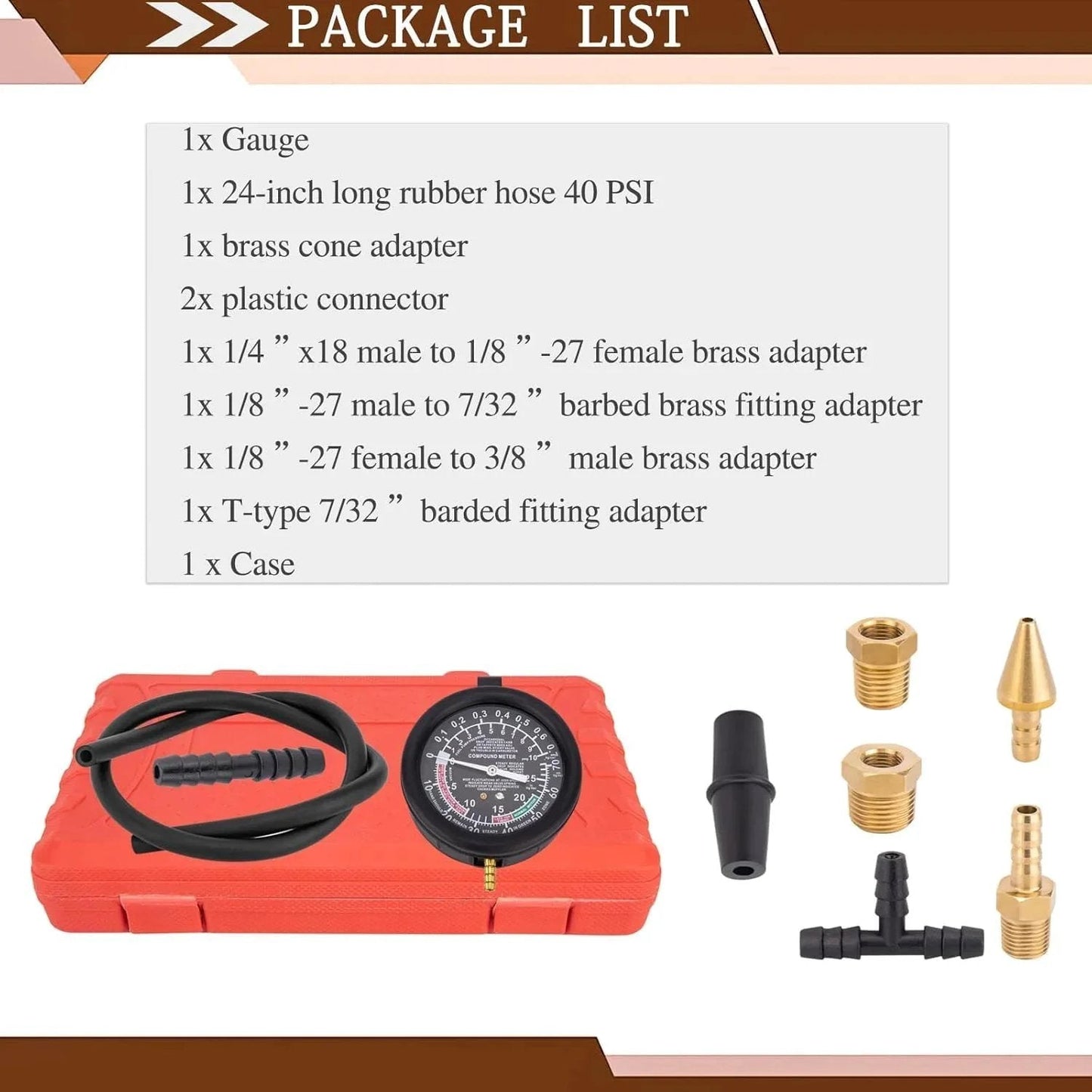 Vacuum Gauge Automotive Tester Kit For Fuel Pressure Diagnostics And Carburetor Testing DIY Friendly Fuel Pump Pressure Checker For Vacuum Leaks And Engine Performance VECKYJL with gauge, hose, adapters, and case.
