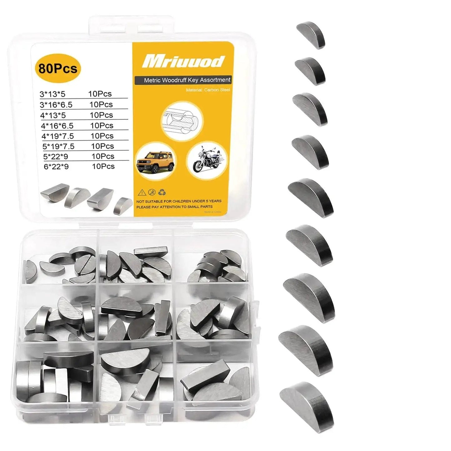80 Pcs Woodruff Key Assortment Kit Metric Carbon Steel Black Half Moon Keys in storage case with visible sizes and pieces.