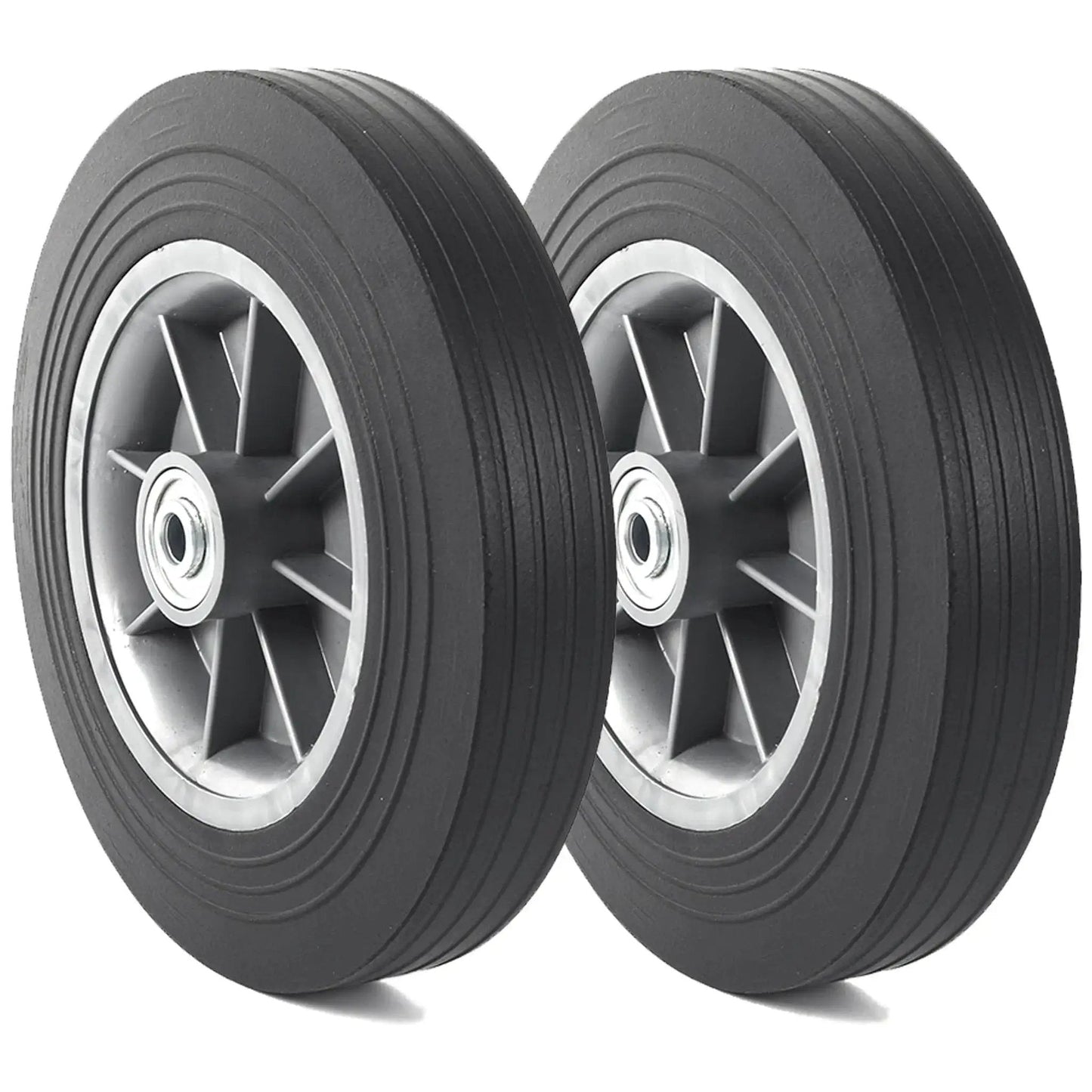 Two Pack 10 Inch Flat Free Solid Rubber Tire And Wheel Assembly Fits Half Inch Three Quarter Inch And Five Eighth Inch Axles With A 2.23 Inch Offset Hub 2 Inch Wide Tire Replacement Wheel For Dolly Hand Trucks And Wheelbarrows