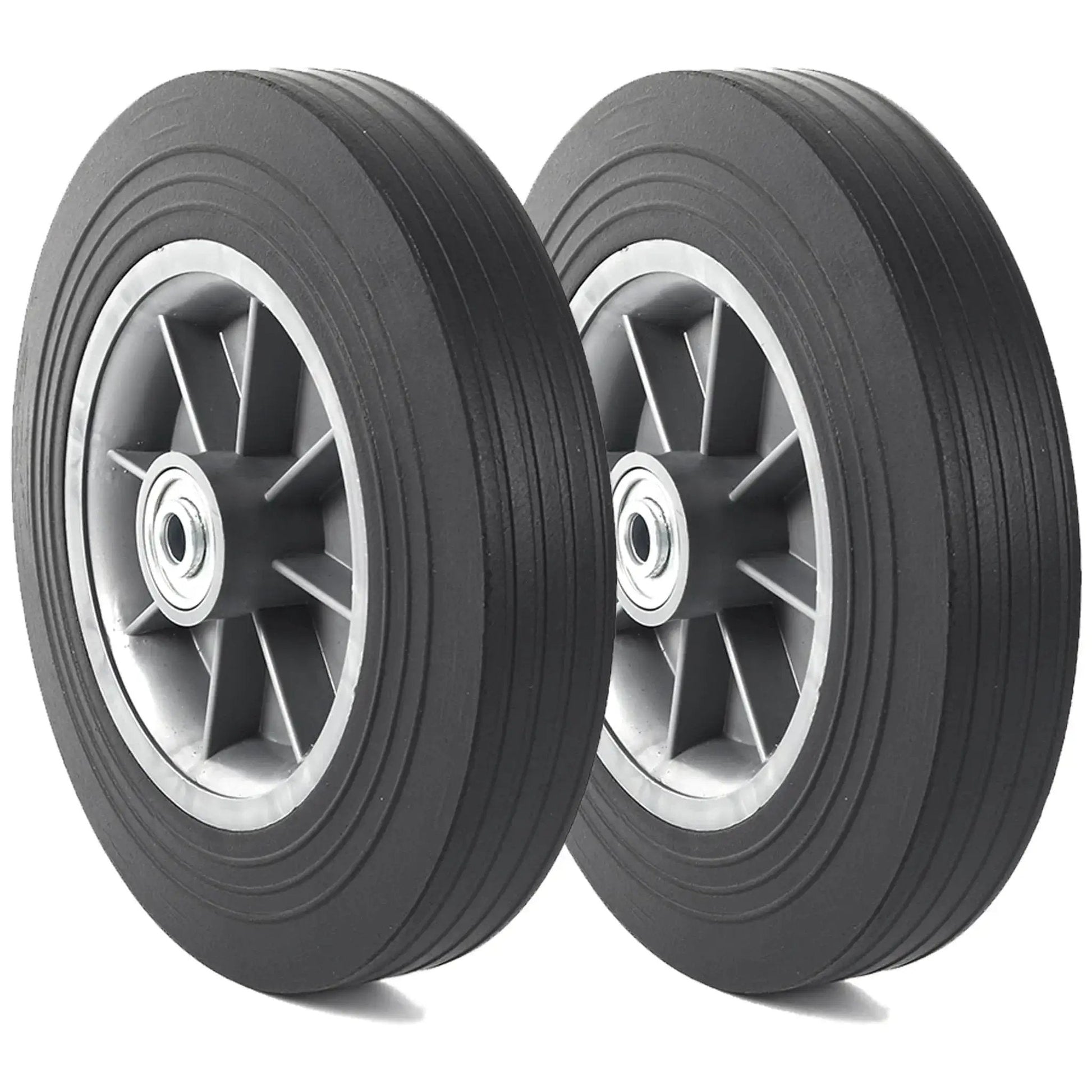 Two Pack 10 Inch Flat Free Solid Rubber Tire And Wheel Assembly Fits Half Inch Three Quarter Inch And Five Eighth Inch Axles With A 2.23 Inch Offset Hub 2 Inch Wide Tire Replacement Wheel For Dolly Hand Trucks And Wheelbarrows