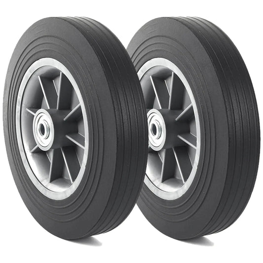 Two Pack 10 Inch Flat Free Solid Rubber Tire And Wheel Assembly Fits Half Inch Three Quarter Inch And Five Eighth Inch Axles With A 2.23 Inch Offset Hub 2 Inch Wide Tire Replacement Wheel For Dolly Hand Trucks And Wheelbarrows