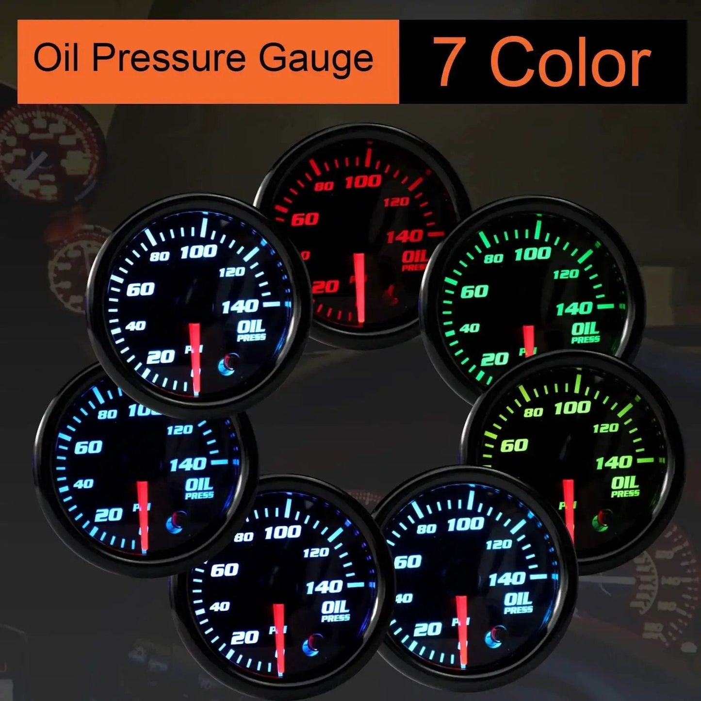 7 Color LED Backlit Oil Pressure Gauge 0-140 PSI 52mm Dial for Cars and Trucks with Adjustable Display Colors