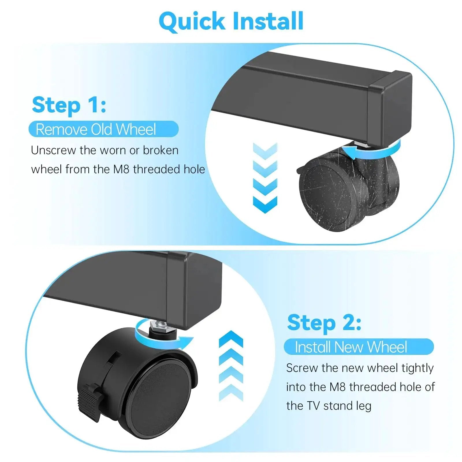 Installation guide for Four Pack Two Inch TV Stand Wheels With M8 Threaded Stem Swivel Casters With Locking Brakes