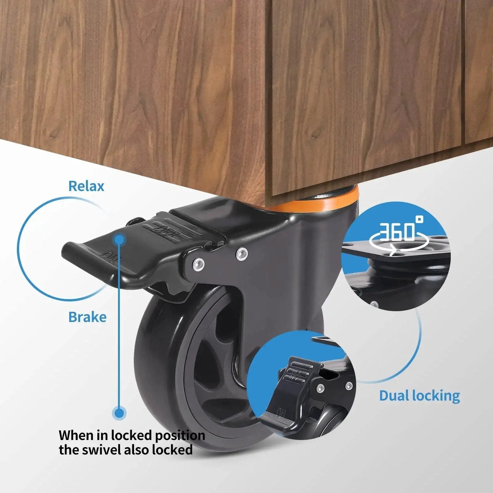 Close-up of 5 Inch Heavy Duty Caster Wheels Set Of 4 With Brakes and Dual Locking Safety Casters under wooden cart corner.