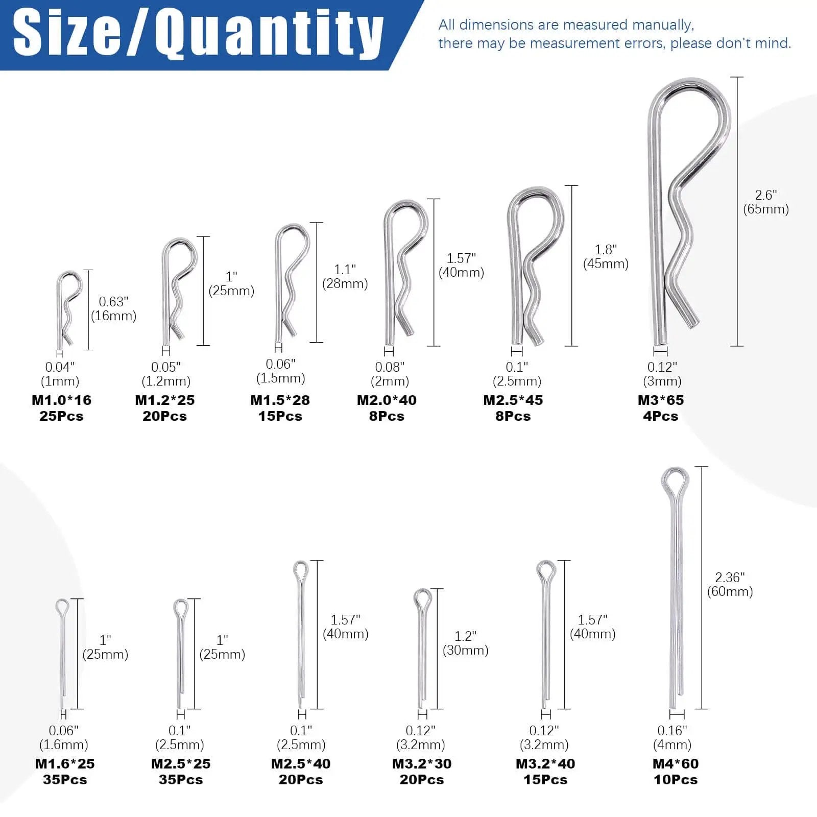 Stainless Steel 304 Cotter Pins And Hairpin R Clips Set 215 Piece Assortment Kit With 12 Sizes For Small Engines Automotive Cars And Trucks Includes M1 To M3 Range For Heavy Duty Everyday Workhorse Pin And Hitch Applications on a size guide chart.