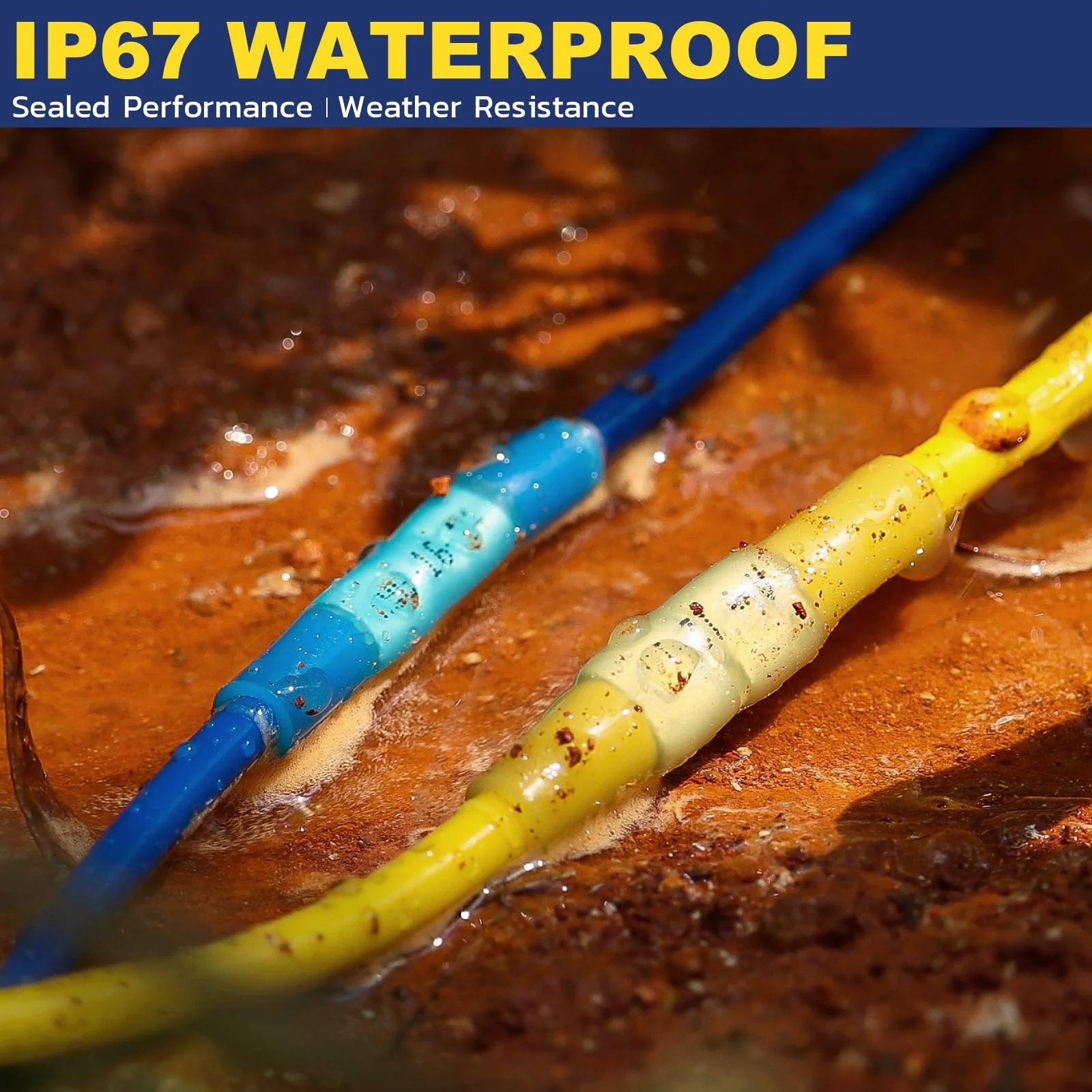 Close-up of blue and yellow Haisstronica connectors from Pro Grade 330 Piece Heat Shrink Butt Connectors Kit For Marine And Automotive Wiring Waterproof Tin Copper Core Insulated Red Color Coding Includes 4 Colors And 4 Sizes For Boat Truck Stereo And Quick Electrical Joints From Haisstronica.