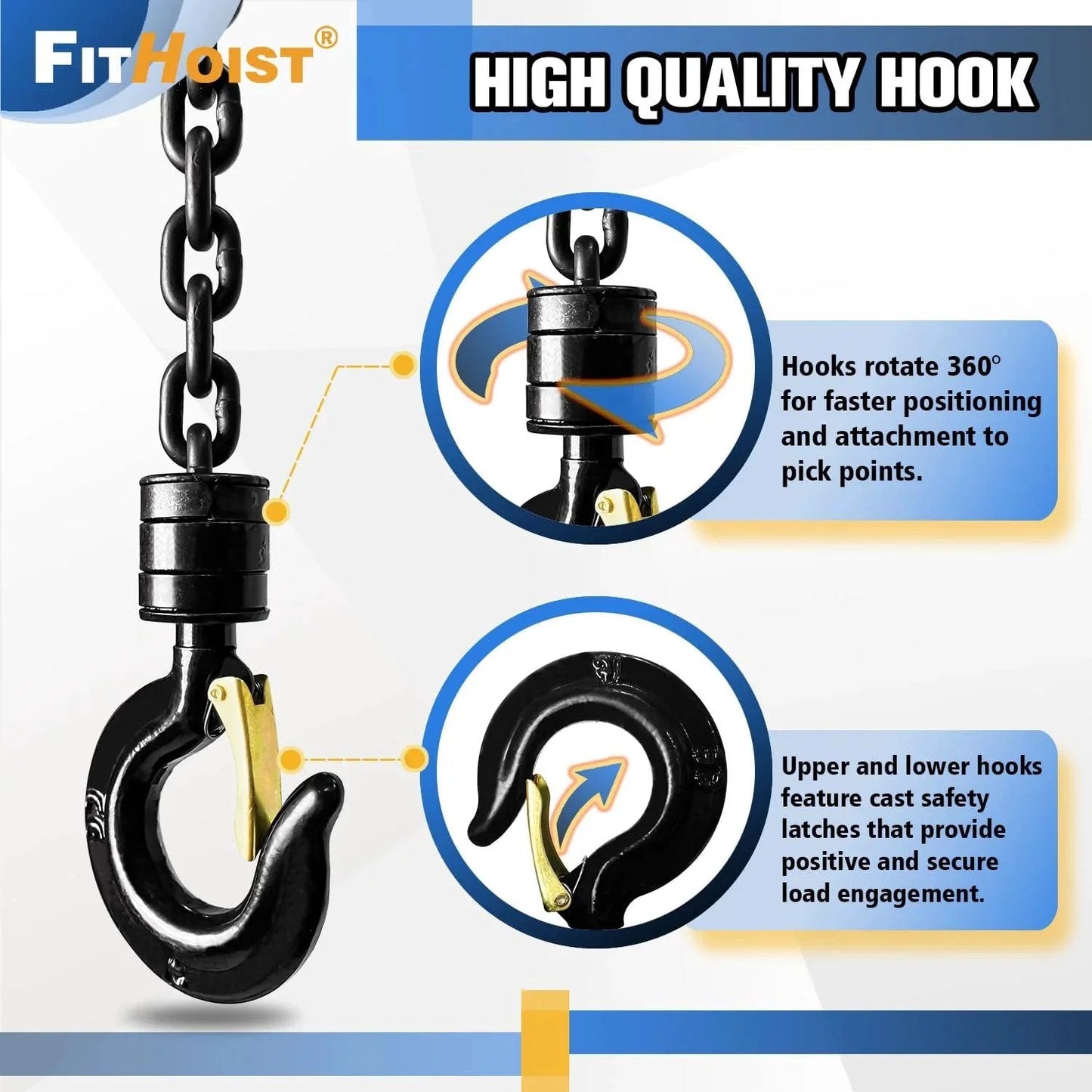 Close-up of 1 Ton Hand Chain Hoist with 20 Ft Chain in G80 manganese steel, showing dual heavy duty hooks and 360° rotating feature.