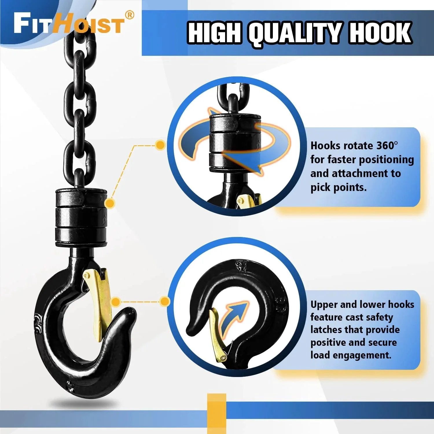 Close-up of 1 Ton Hand Chain Hoist with 20 Ft Chain in G80 manganese steel, showing dual heavy duty hooks and 360° rotating feature.
