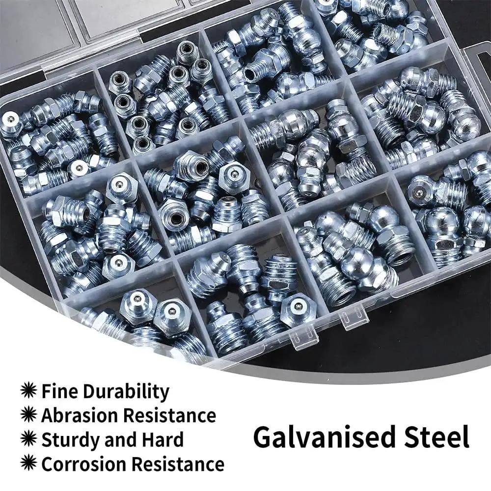 90 Piece Grease Fitting Assortment Kit M6 M8 M10 45 90 180 Degree Zerk Fittings Set with Storage Box for Automotive & Industrial Use