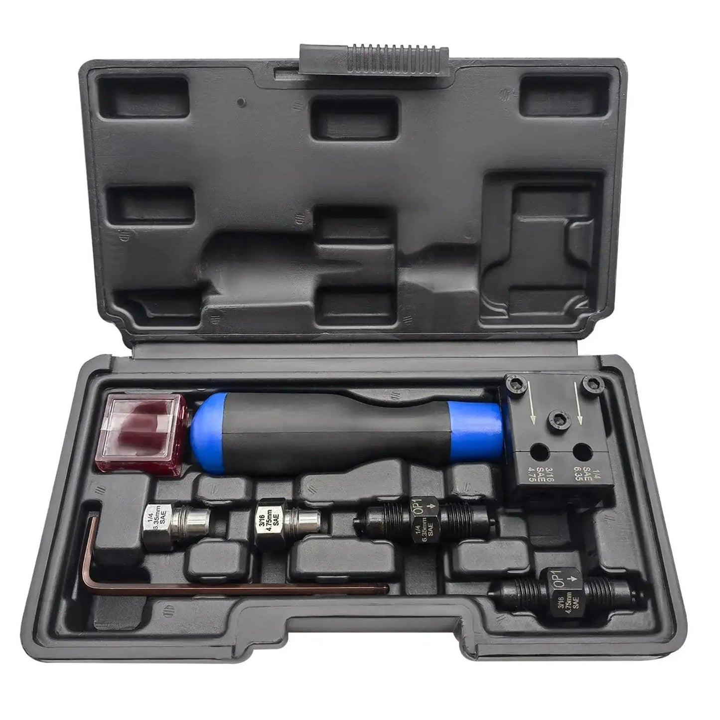 Double Flare Tool Kit For Brake Lines Three Sixteenth And One Quarter Inch in black case with flaring tool and accessories.