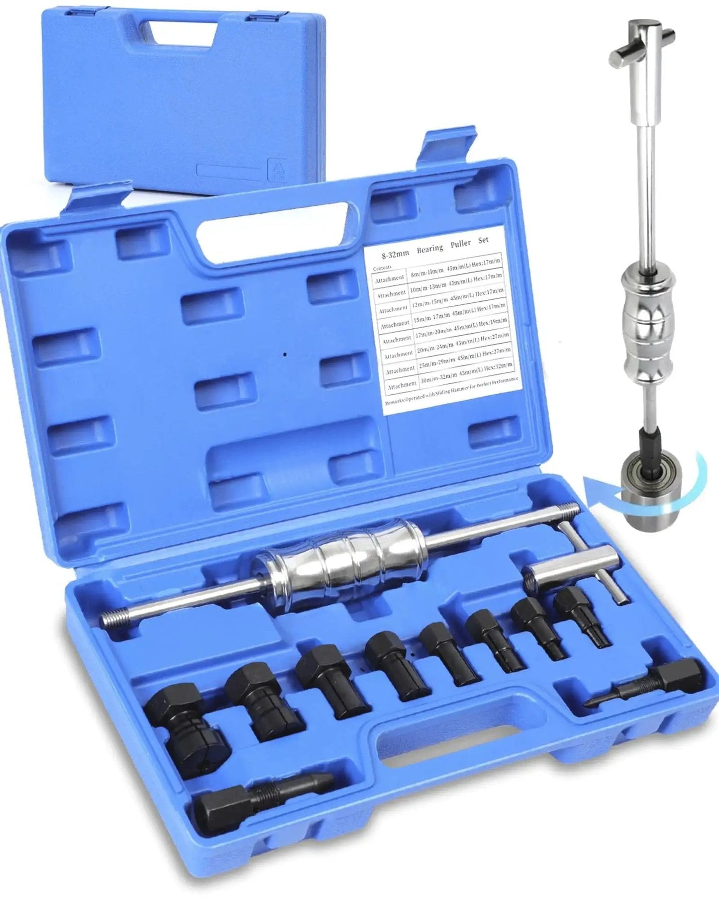 Blind Hole Bearing Puller Set for Bicycles and Motor Vehicles, 12-Piece Internal Bearing Extractor with Slide Hammer in Blue Case