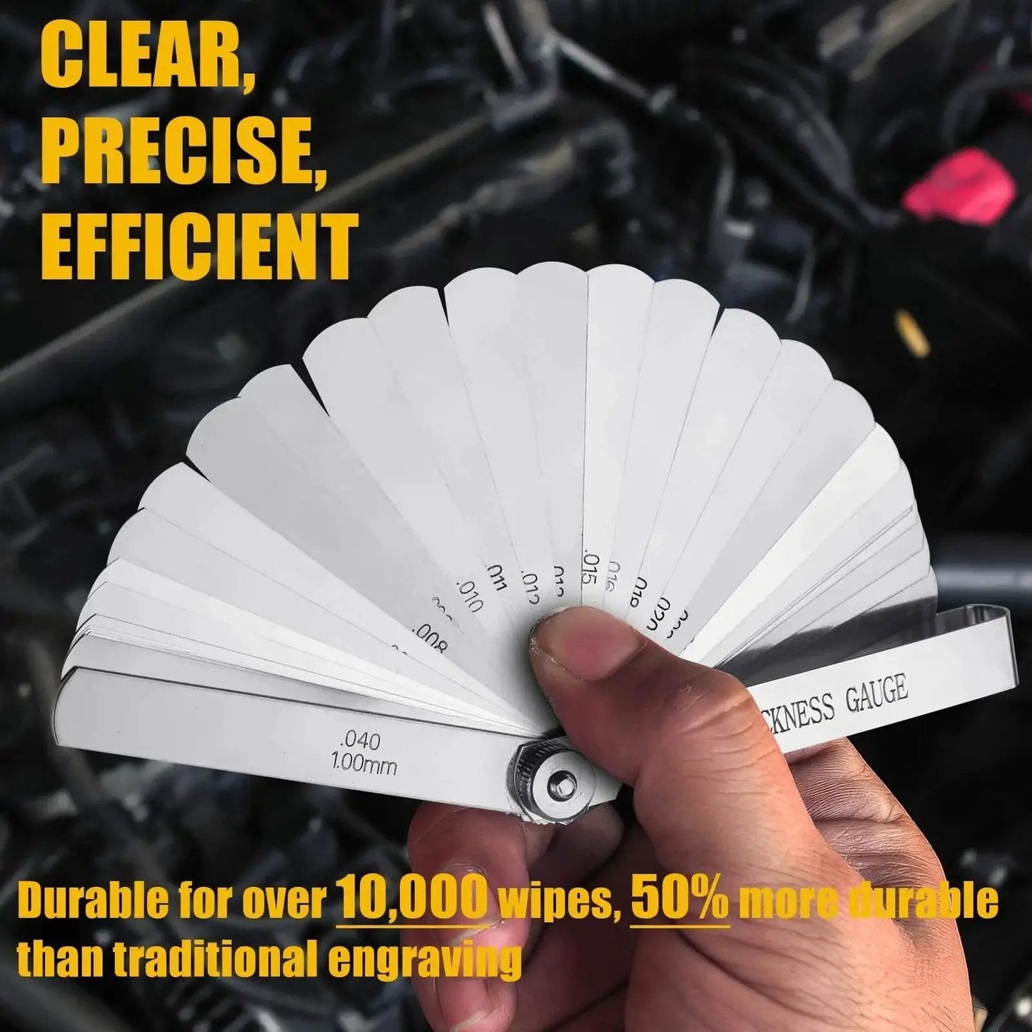 Feeler Gauge Set Stainless Steel Two Piece Pro Grade With Thirty Two Straight Blades And Sixteen Angled Blades Dual Marked SAE And Metric For Spark Plug Gap And Valve Filler Measurements Wide Range Tool Great For Automotive Piston And Guitar Setup shown in use
