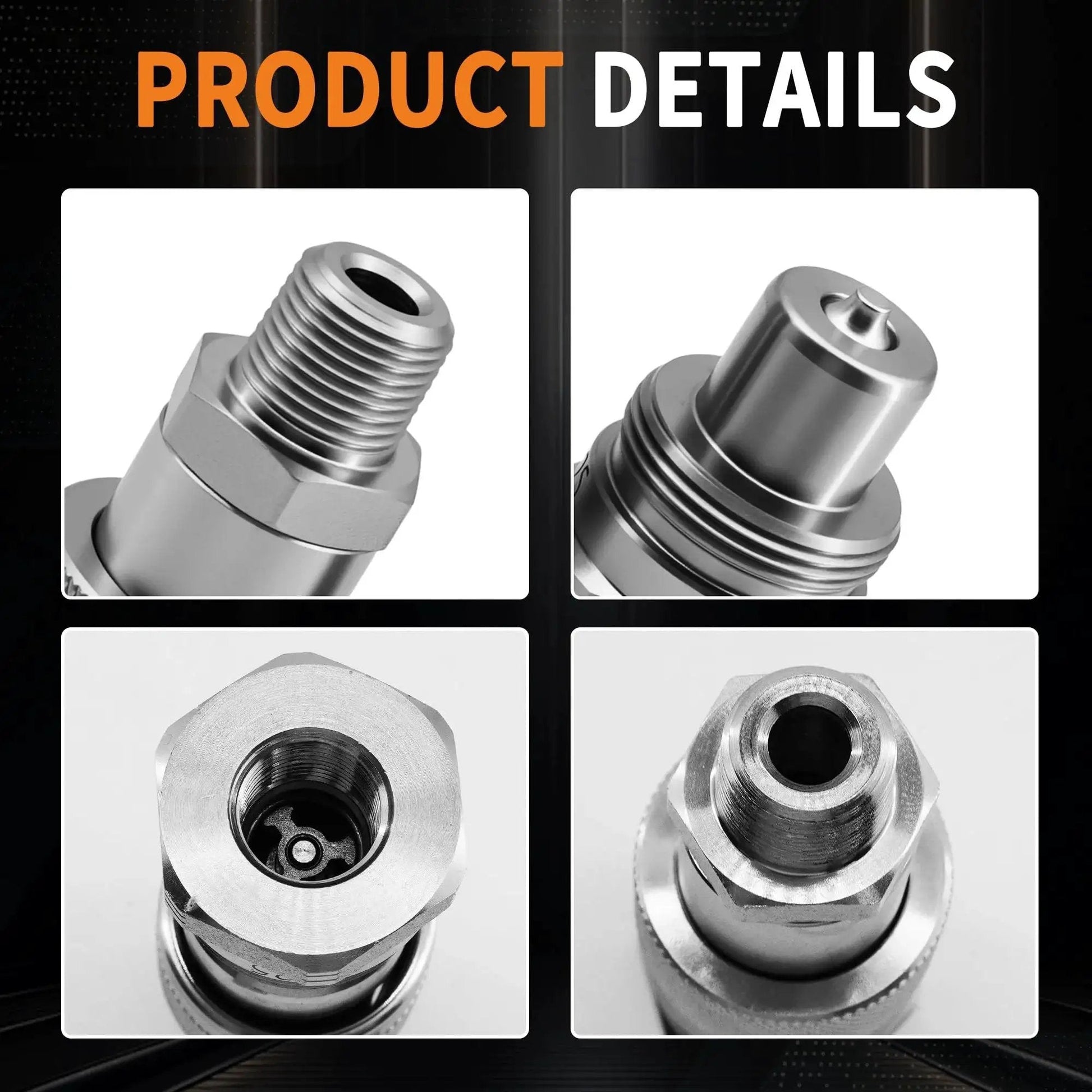 Close-up views of Beefed-Up High Flow 3/8 Inch Hydraulic Quick Coupler Set, 10,000 PSI, showing threading and connection points.