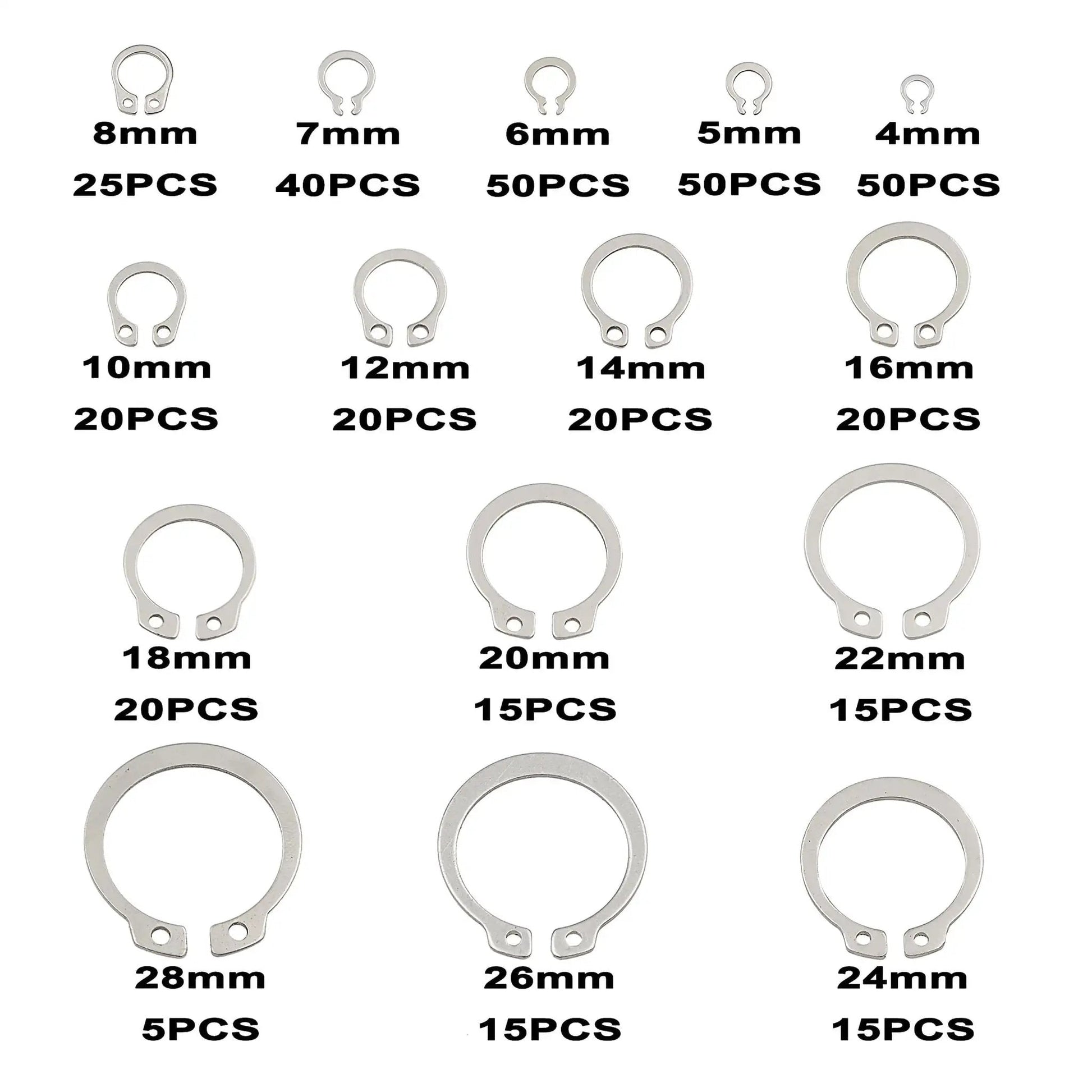 External Retaining Ring Set 380 Piece Assortment 15 Sizes From 4mm To 28mm In 304 Stainless Steel Circlips C Clips