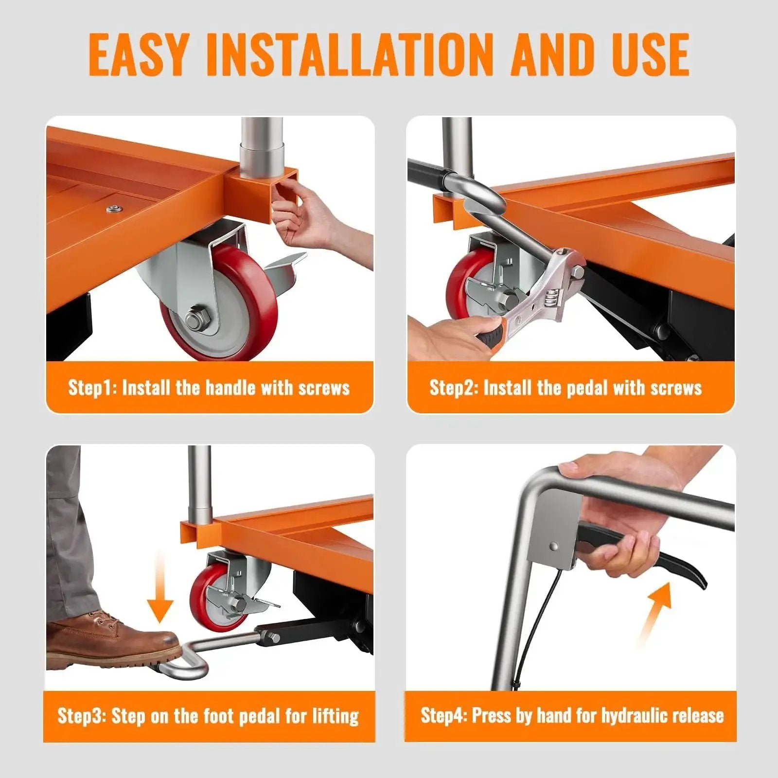 Steps for easy installation of 1100 Lbs Lift Table Cart With Locking Wheels And Non Slip Pad 28.5 In Height, showing handle and pedal installation.